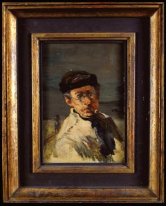 Man with Pipe - 19th Century French Impressionist Smoking Portrait Oil Painting