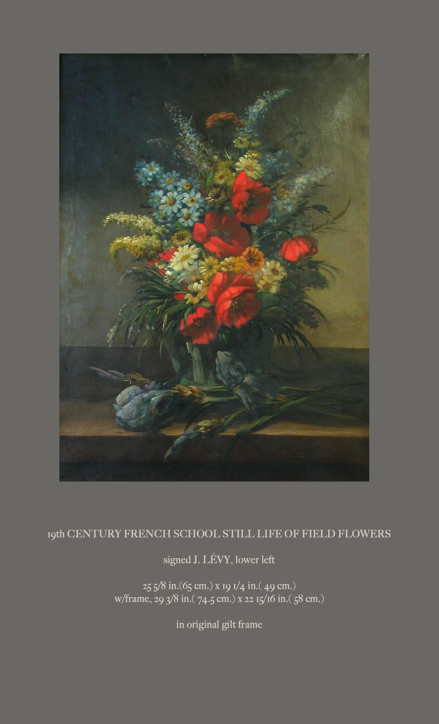 A brightly colored 19th century French school still life of field flowers
Signed J. Levy, lower Left.
The painting measures: 25 5/8