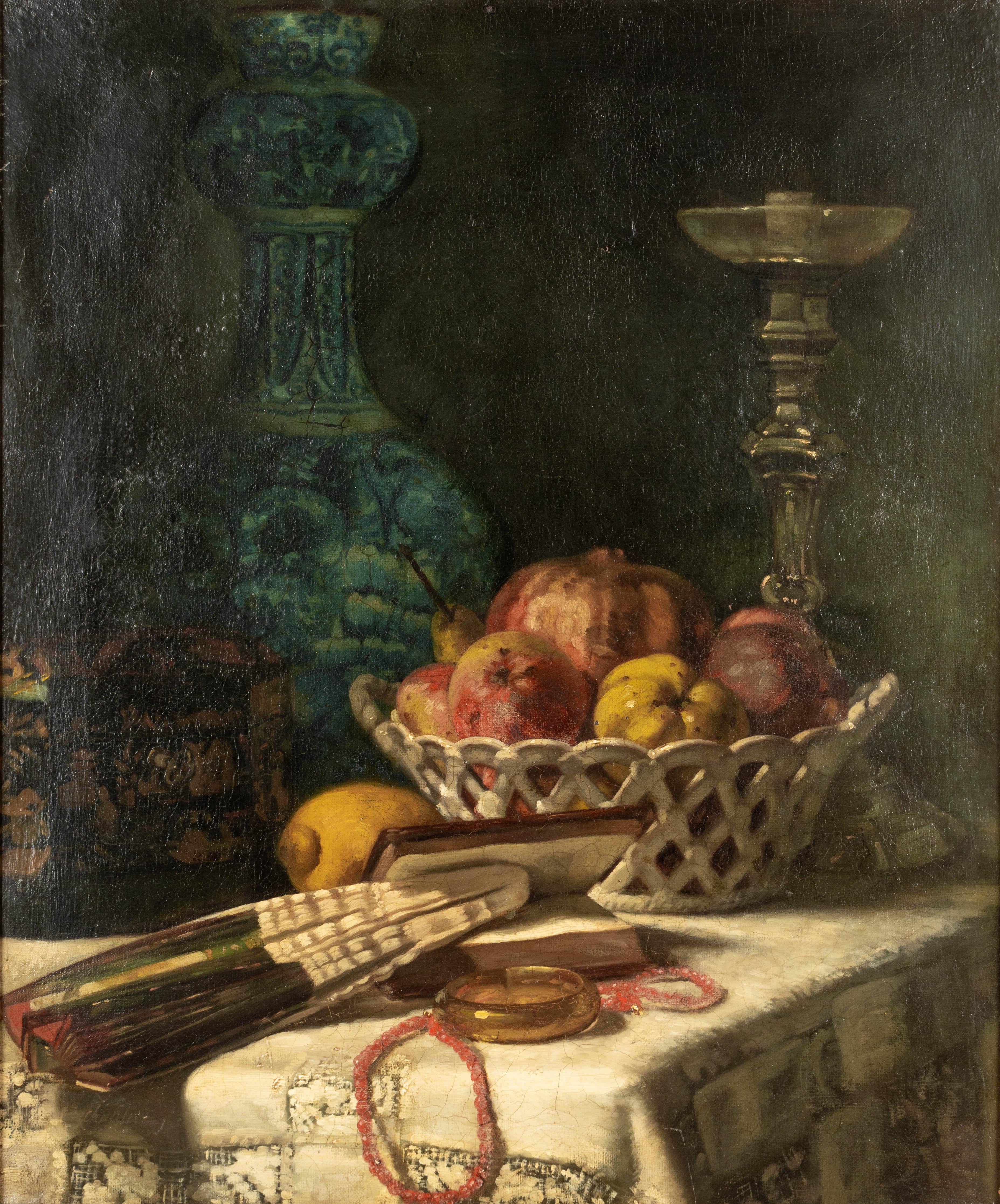 A late 19th Century French School still life in the style of Fantin-Latour. A well-executed Impressionist style oil on canvas depicting detailed objects of an opulent household: a ceramic basket weave bowl of apples, a lady's fan propping open a