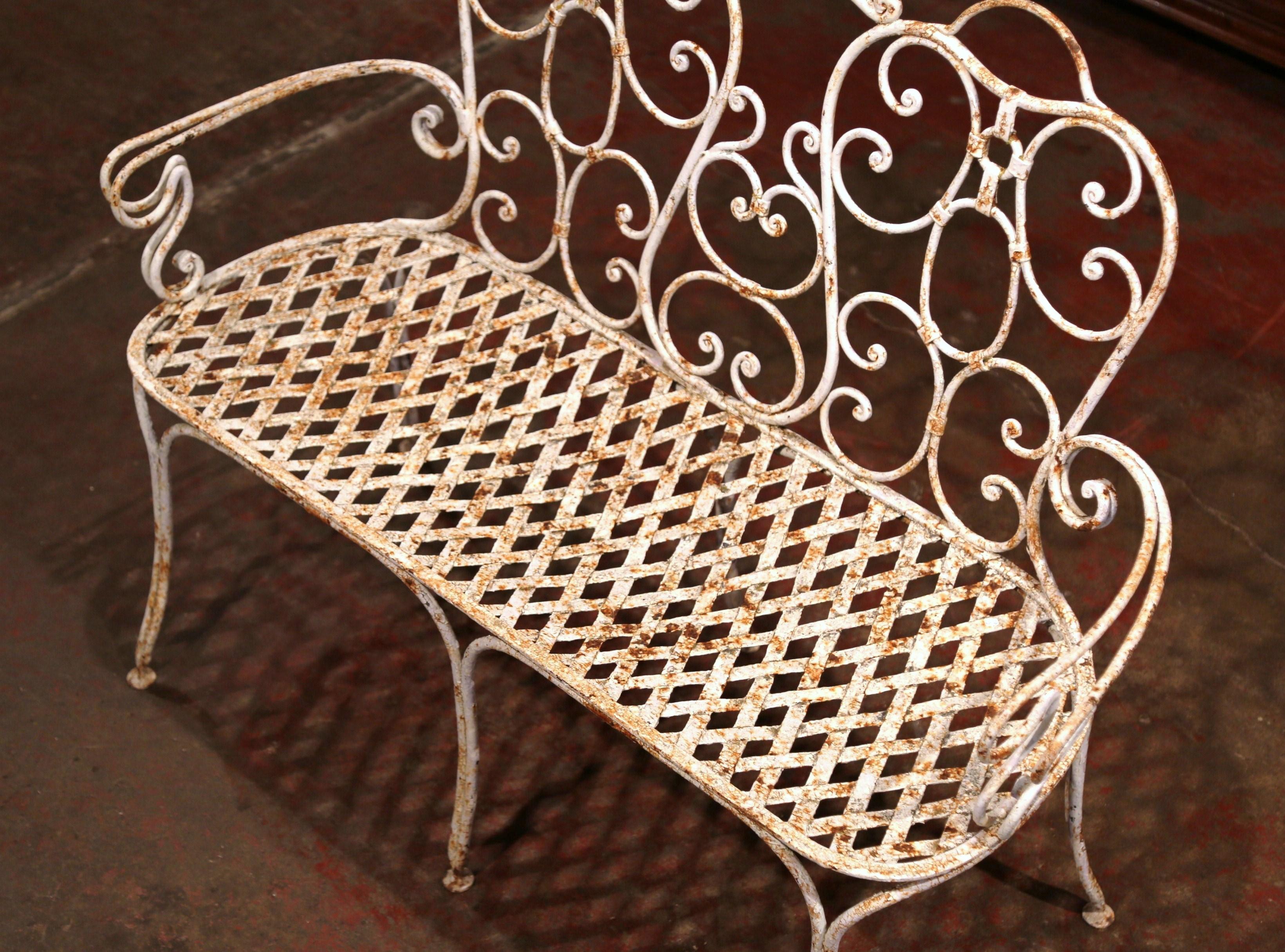 Hand-Painted 19th Century French Scroll Painted Iron Six-Leg Garden Bench from Normandy