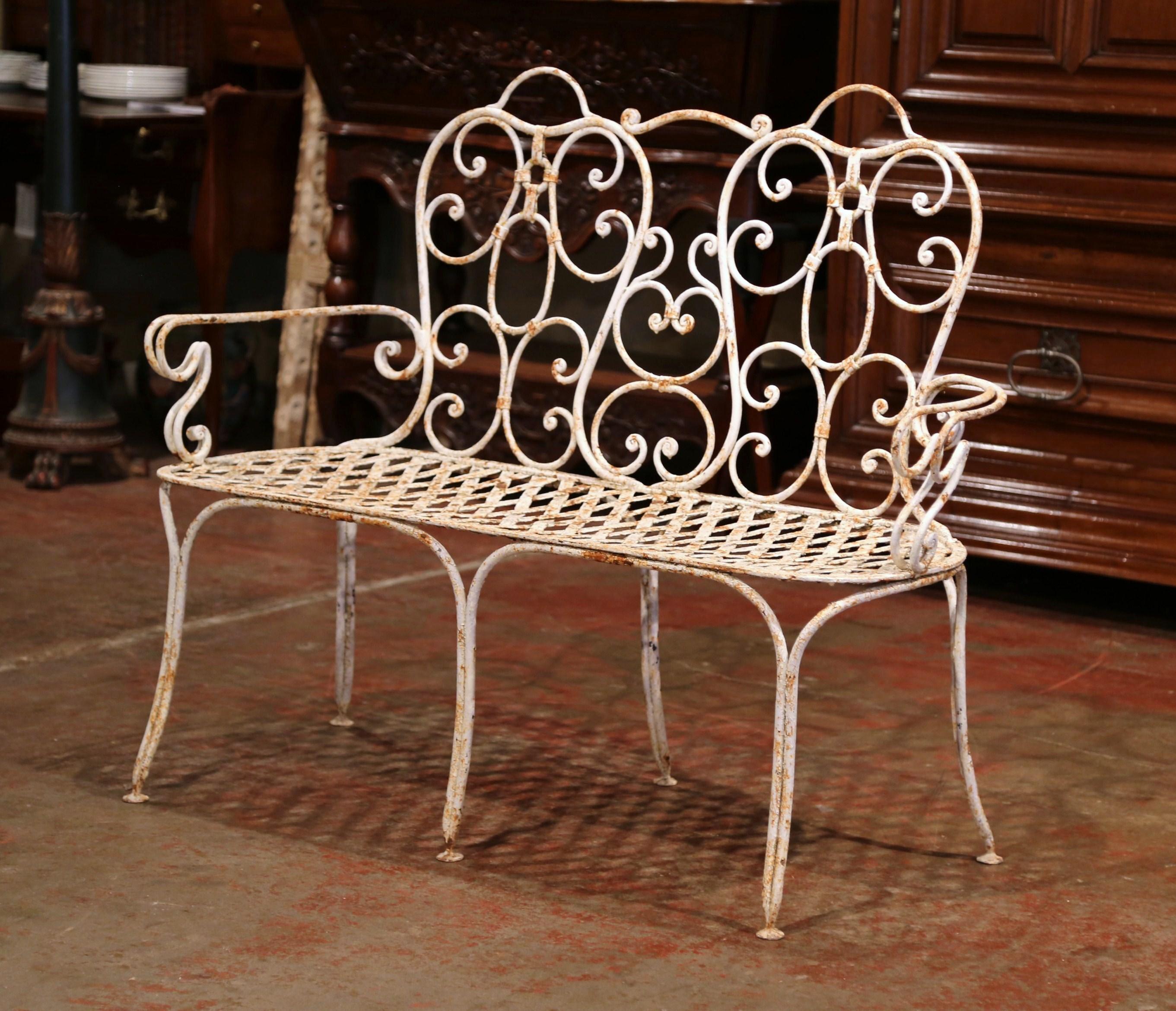 19th Century French Scroll Painted Iron Six-Leg Garden Bench from Normandy In Excellent Condition In Dallas, TX