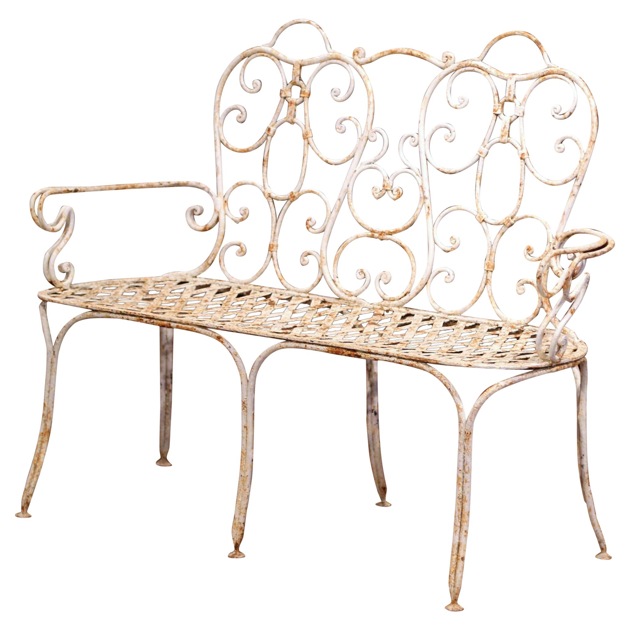 19th Century French Scroll Painted Iron Six-Leg Garden Bench from Normandy
