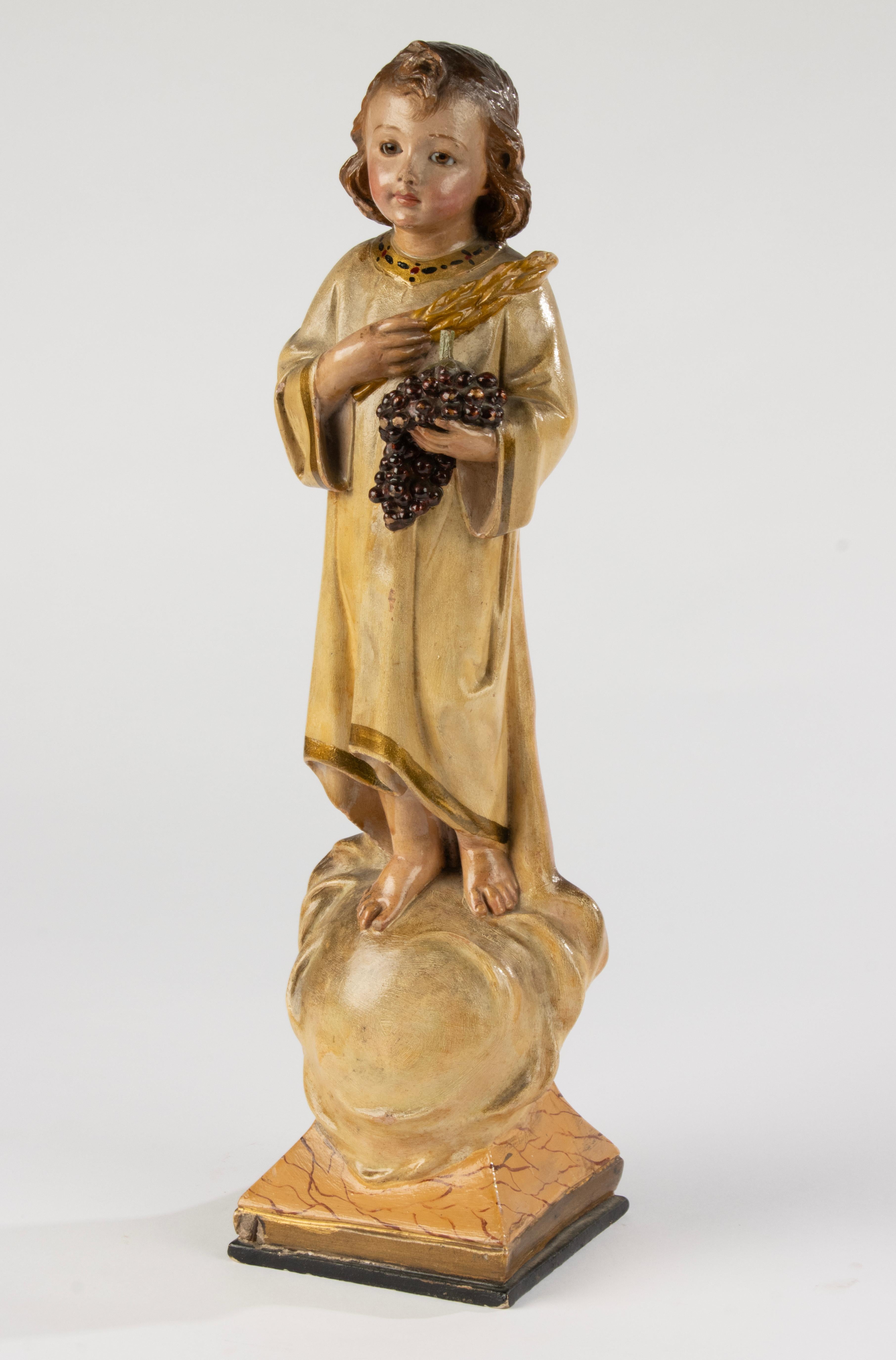 Neogotico Scultura francese del XIX secolo raffigurante il Bambino Gesù in gesso policromo su legno in vendita