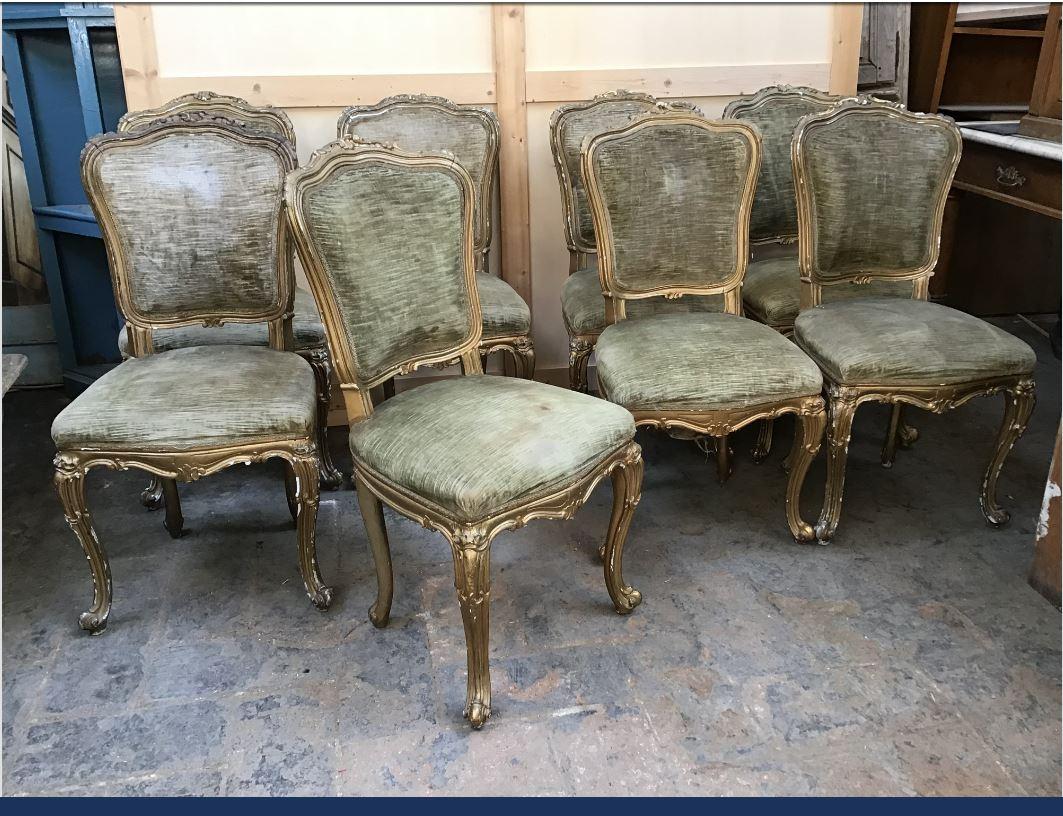 19th century French set of 8 gilt wooden chairs with original velvet fabric, 1890s.