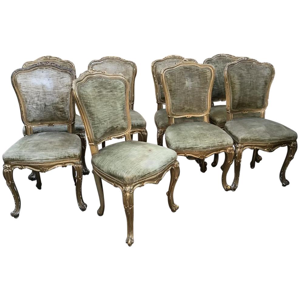 19th Century French Set of 8 Gilt Wooden Chairs with Original Fabric, 1890s