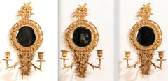 19th Century French Set of Bronze Mirrored Three-Light Sconces
