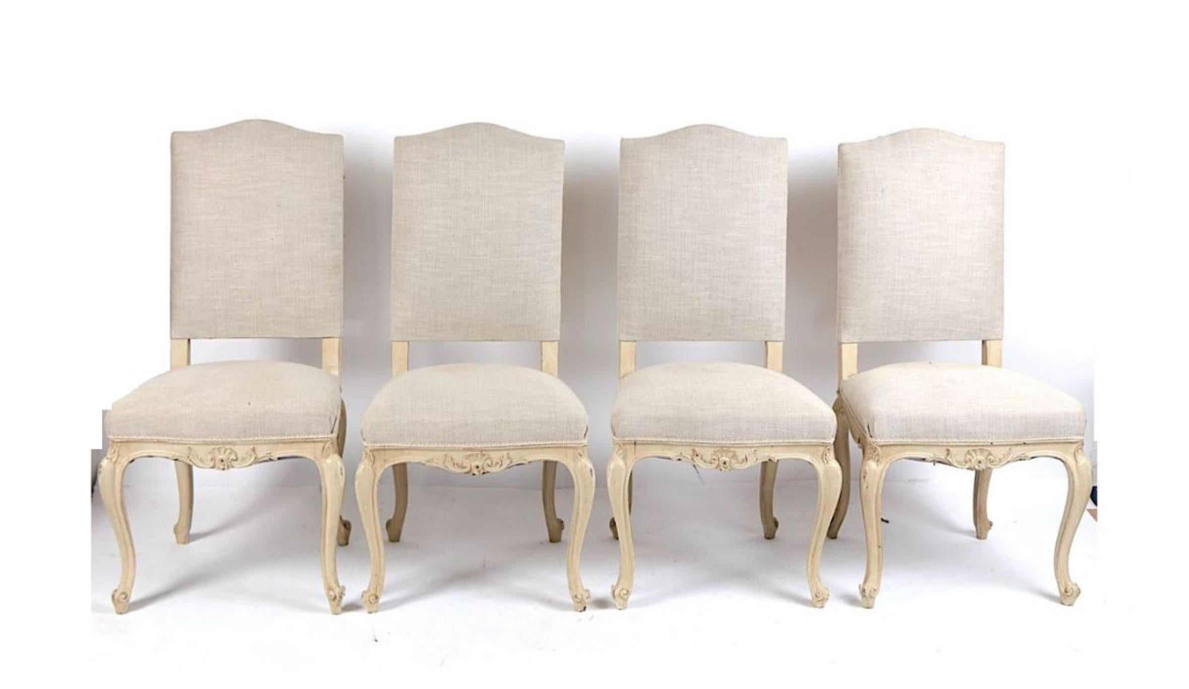 French set of four hand carved chairs in beige linen upholstery. Very good condition. Style Louis XIII
France, circa 1880.