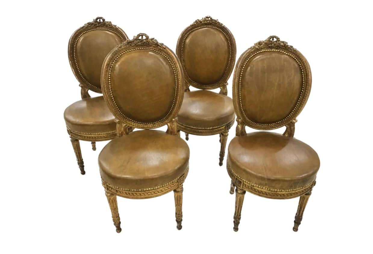 19th Century French Set of Four Louis XVI Style Giltwood Dining Chairs 8