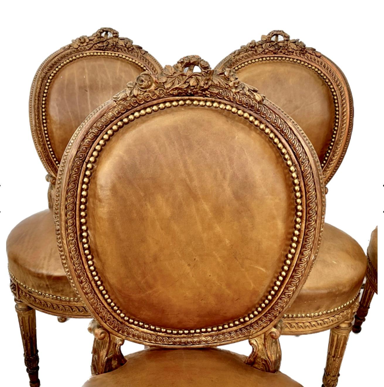 19th Century French Set of Four Louis XVI Style Giltwood Dining Chairs 1