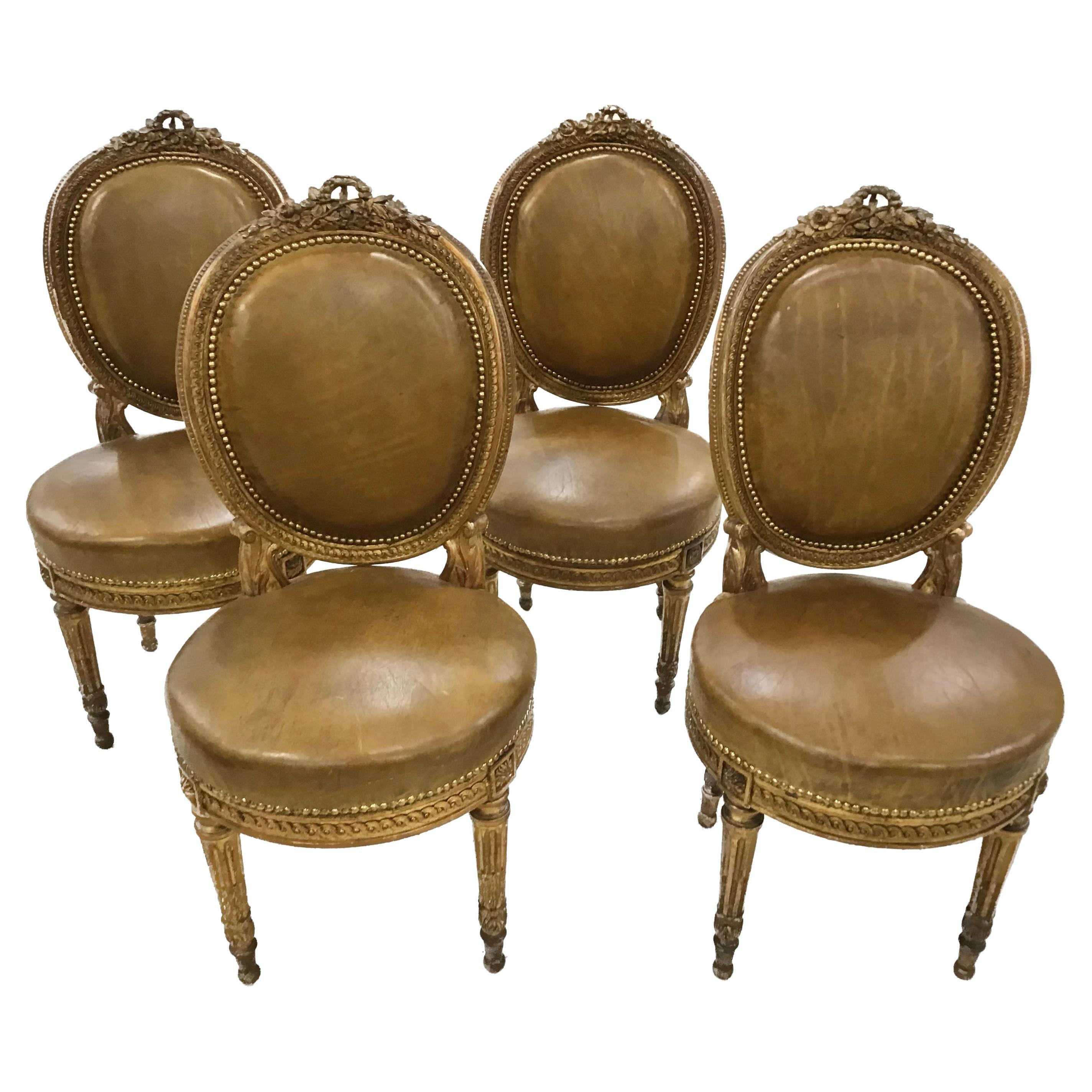 19th Century French Set of Four Louis XVI Style Giltwood Dining Chairs For Sale