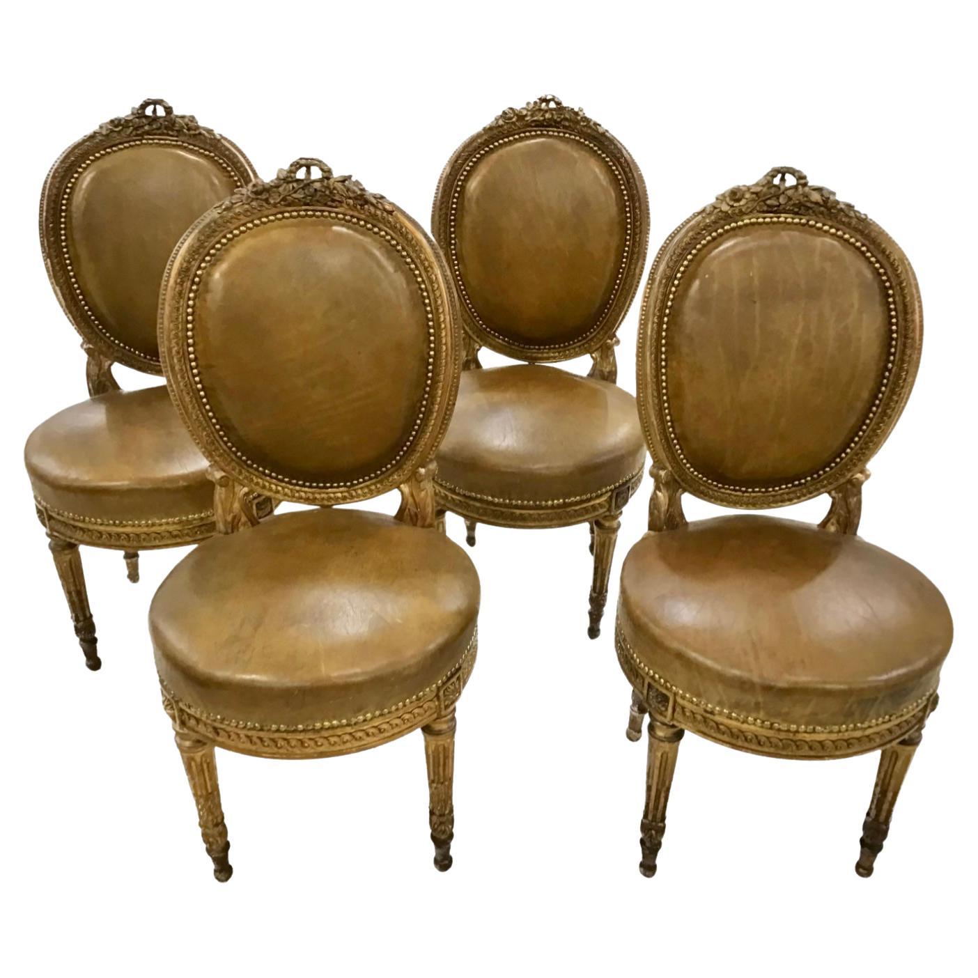19th Century French Set of Four Louis XVI Style Giltwood Dining Chairs