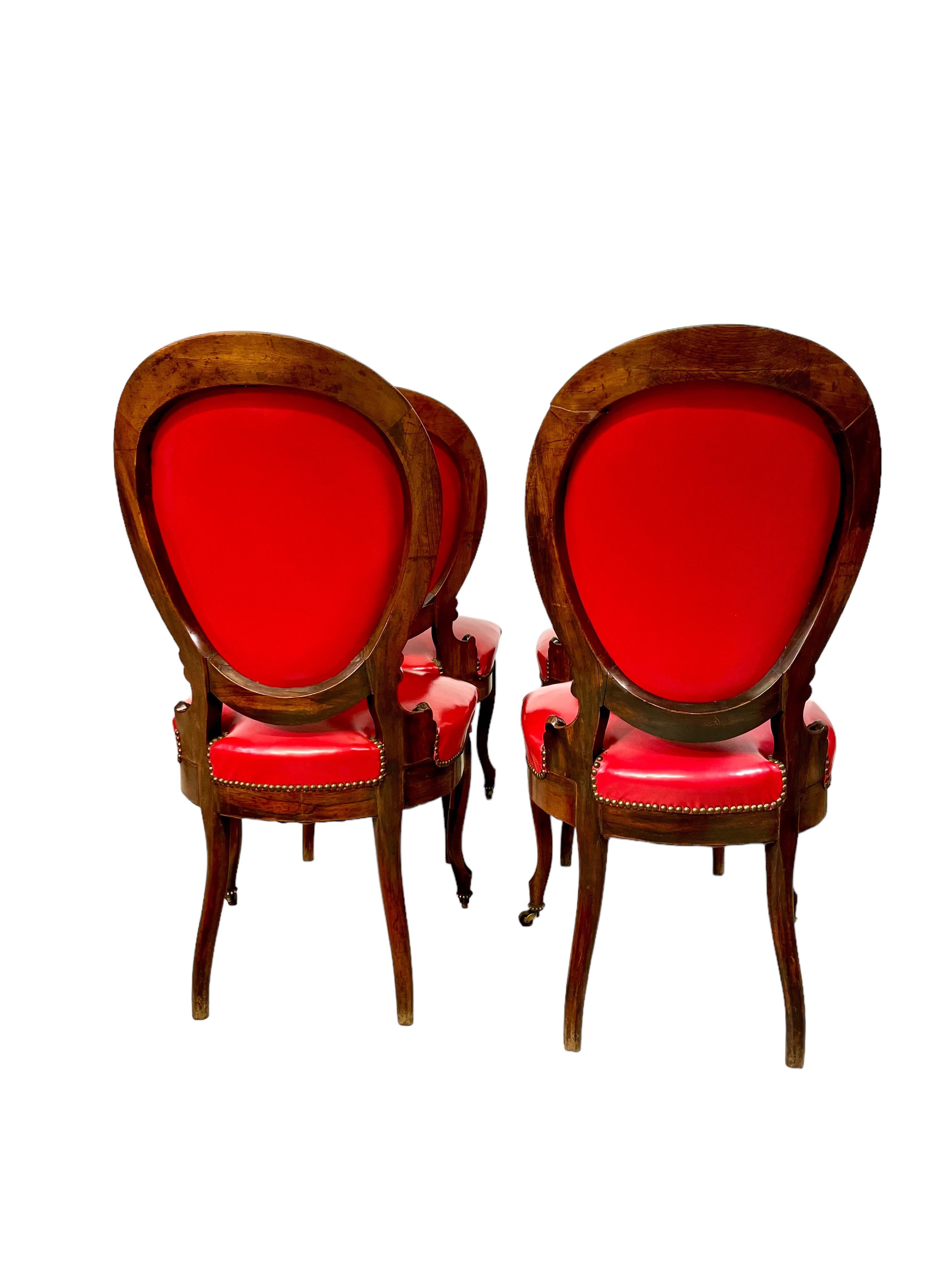 19th Century French Set of Four Red Leather Dining Chairs For Sale 10