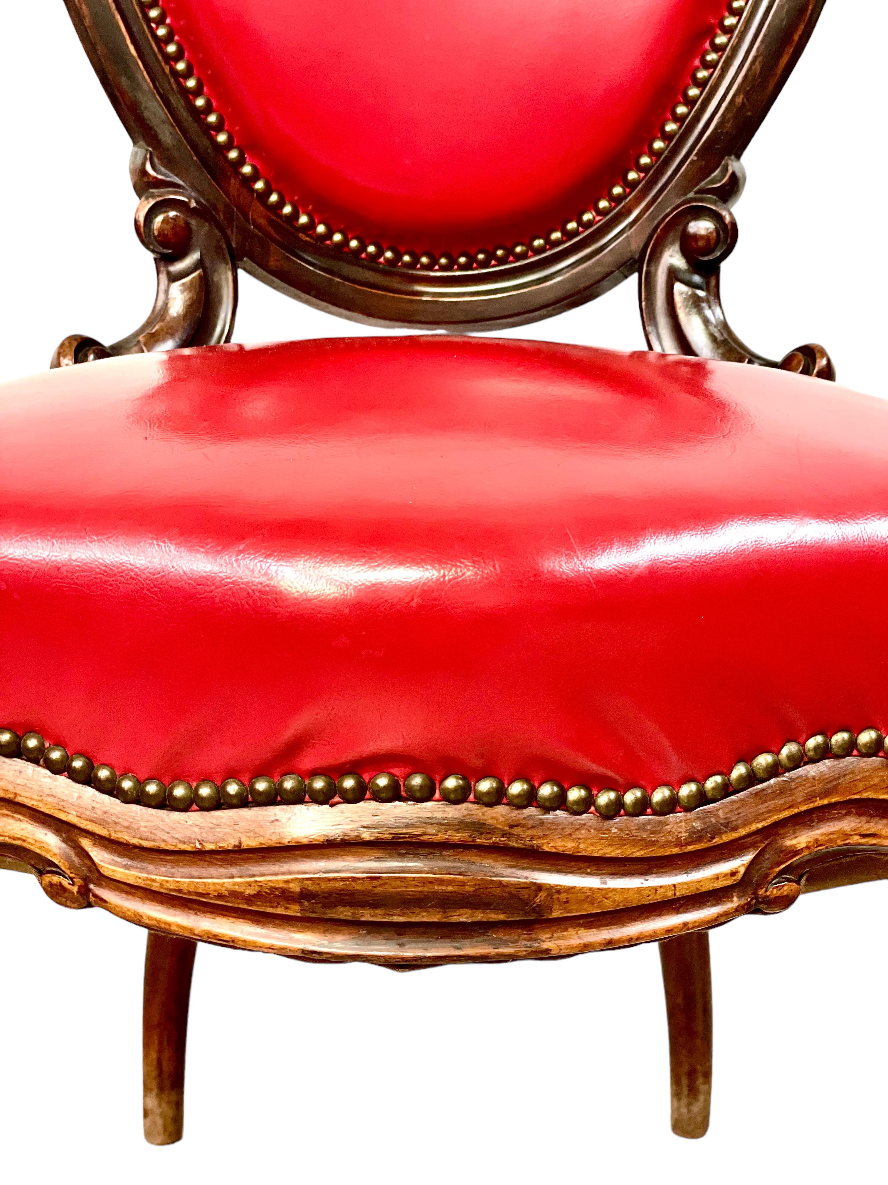 19th Century French Set of Four Red Leather Dining Chairs For Sale 1