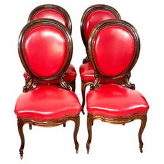 Antique 19th Century French Set of Four Red Leather Dining Chairs