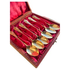 Antique 19th Century French Set of Gold Plated Engraved Silver Small Spoons