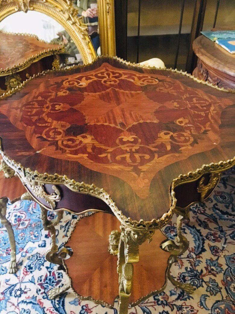 19th Century French Set of Mahogany Inlaid Side Tables, Rich Bronze Decoration 1