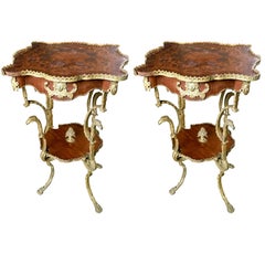 19th Century French Set of Mahogany Inlaid Side Tables, Rich Bronze Decoration