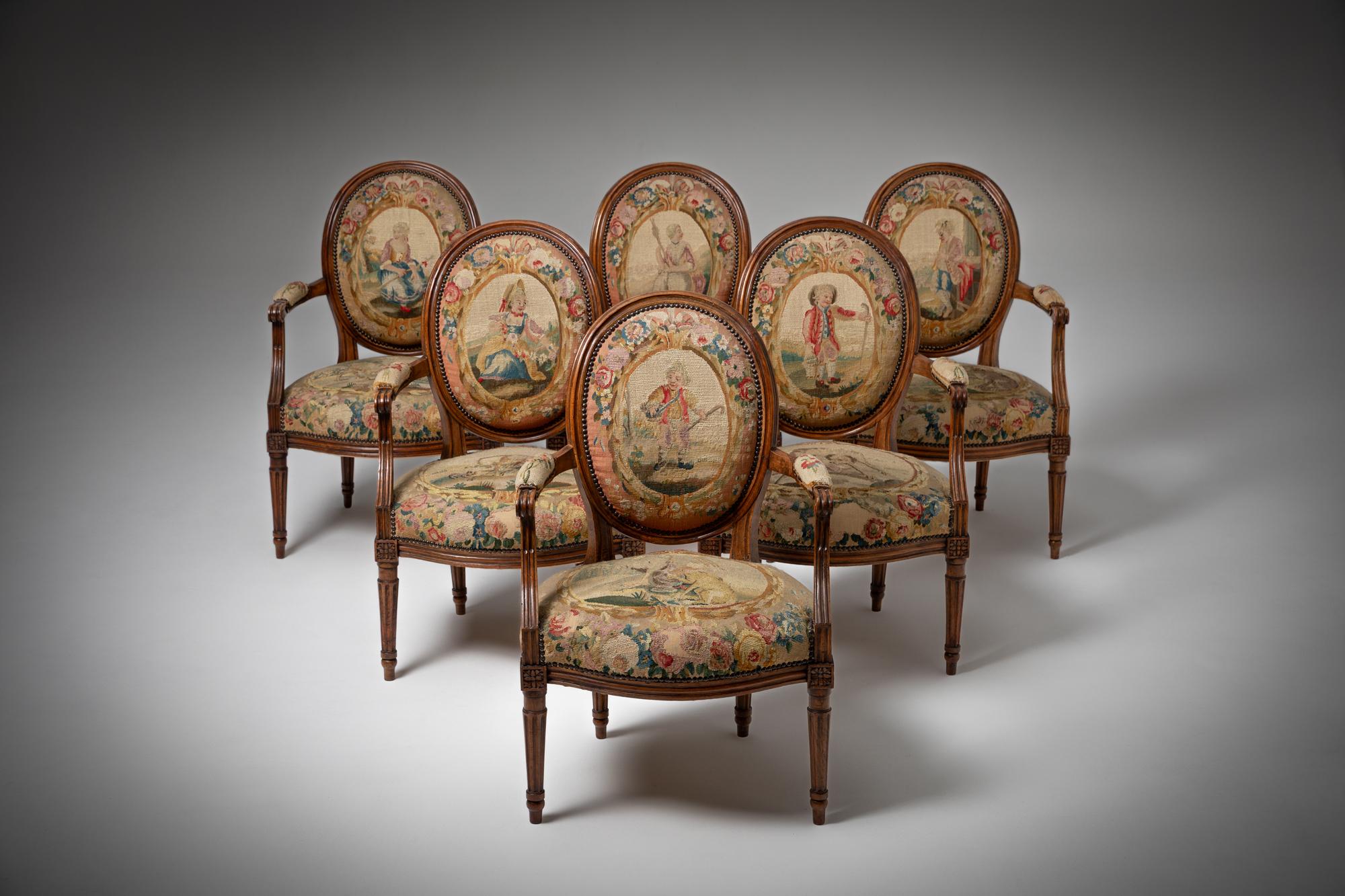 Französisches Set aus sechs Sesseln aus Nussbaumholz mit Aubusson-Polsterung aus dem 19. Jahrhundert im Angebot 2
