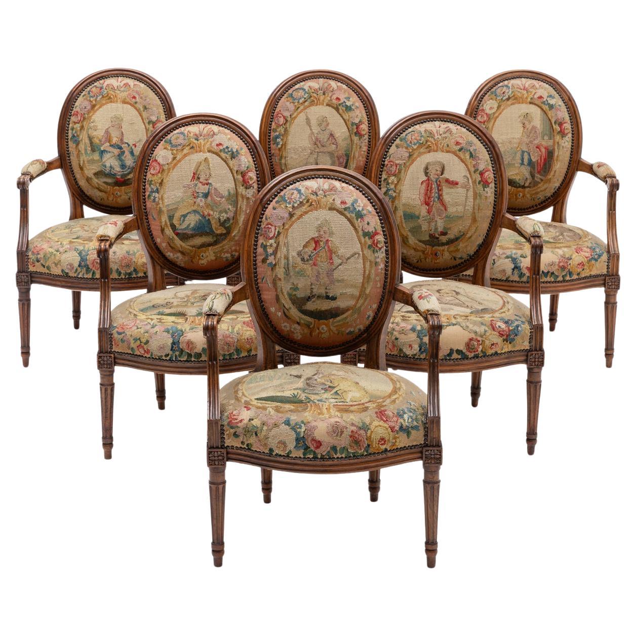 Set di sei poltrone francesi del XIX secolo in noce con tappezzeria Aubusson