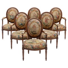 19th Century French Set of Six Armchairs in Walnut with Aubusson Upholstery