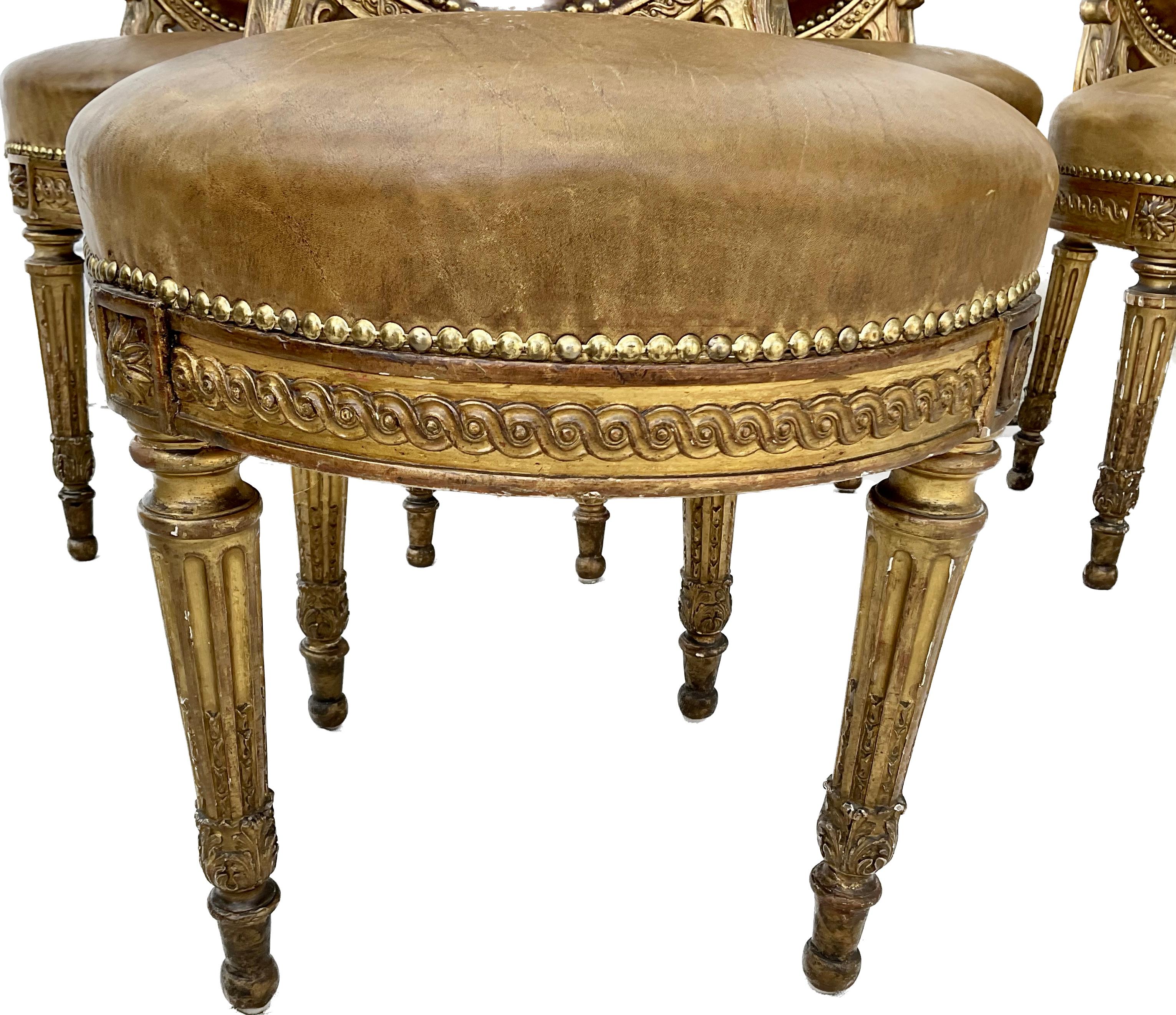 19th Century French Set of Four Louis XVI Style Giltwood Dining Chairs In Good Condition For Sale In Bradenton, FL
