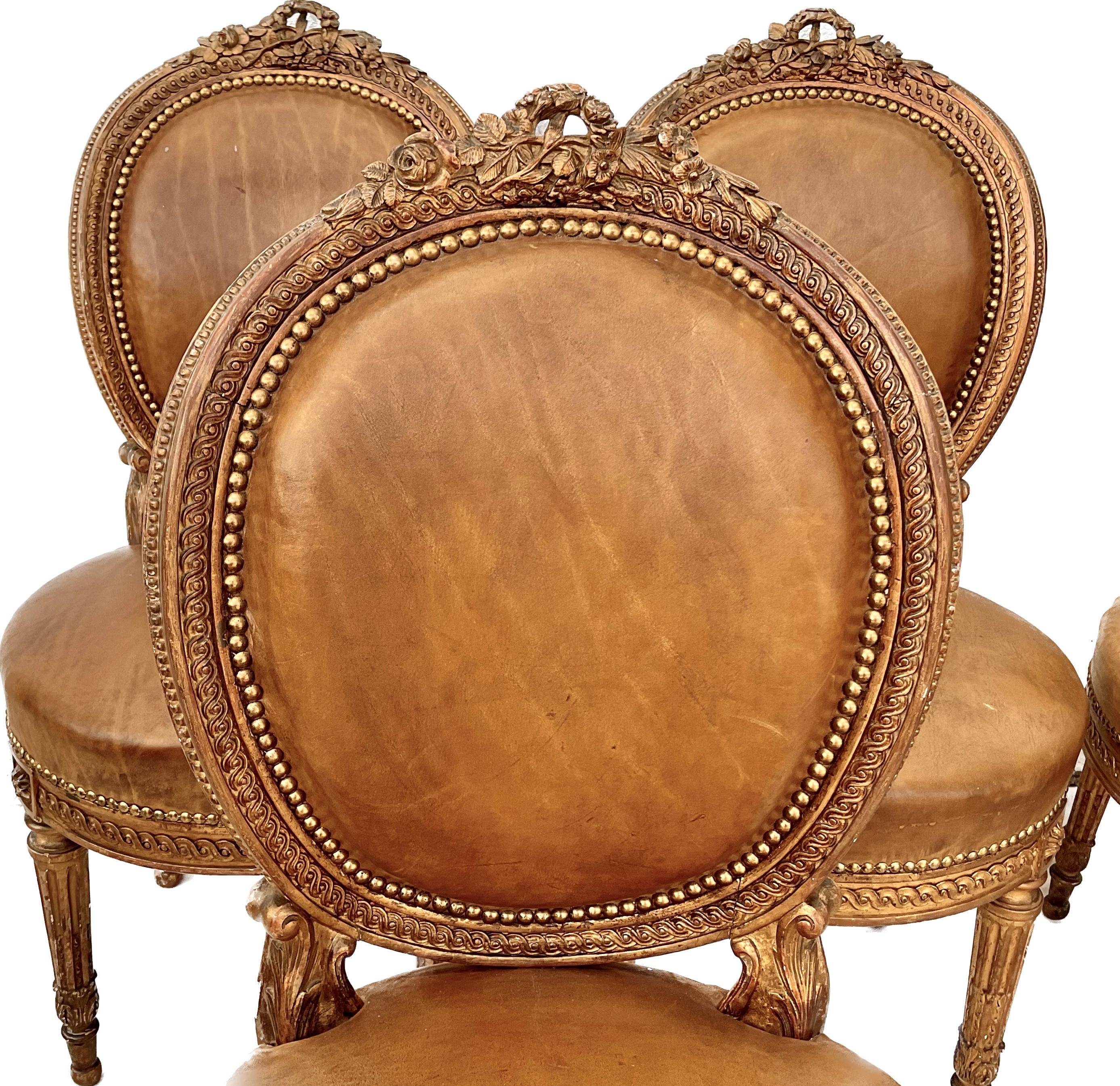 19th Century French Set of Four Louis XVI Style Giltwood Dining Chairs For Sale 1