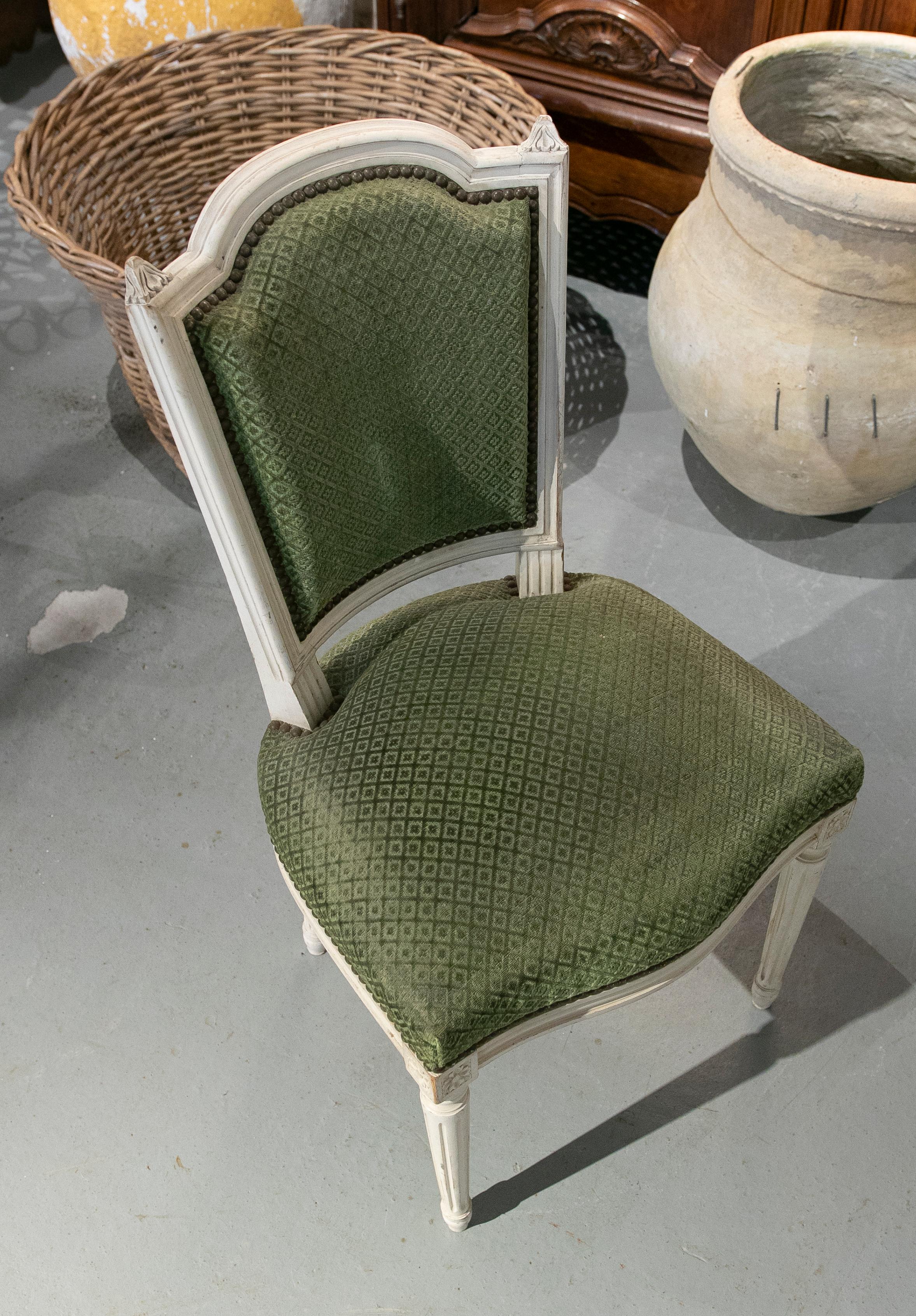 19th Century, French, Set of Six Wooden Chairs Upholstered in Green 6