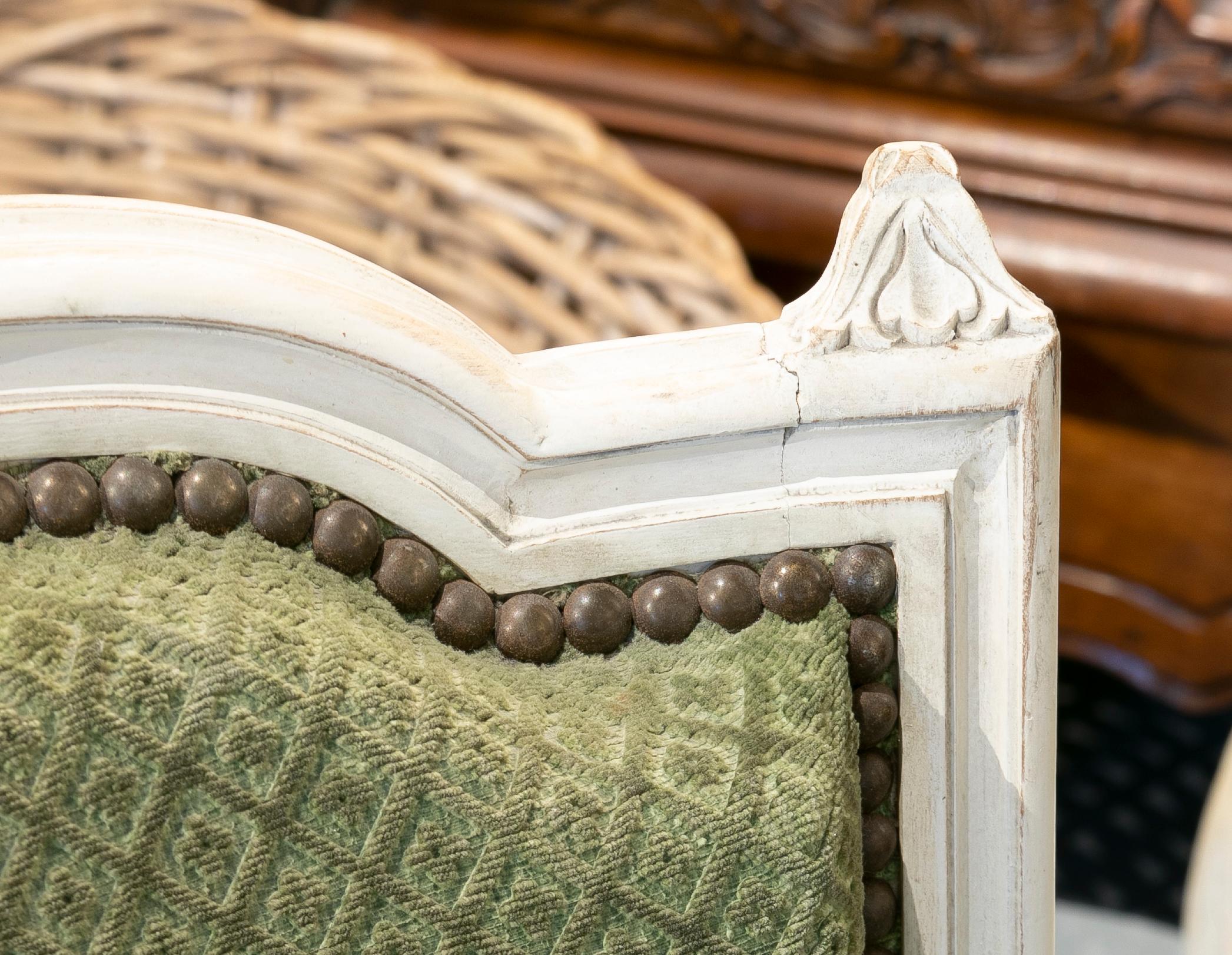 19th Century, French, Set of Six Wooden Chairs Upholstered in Green 13