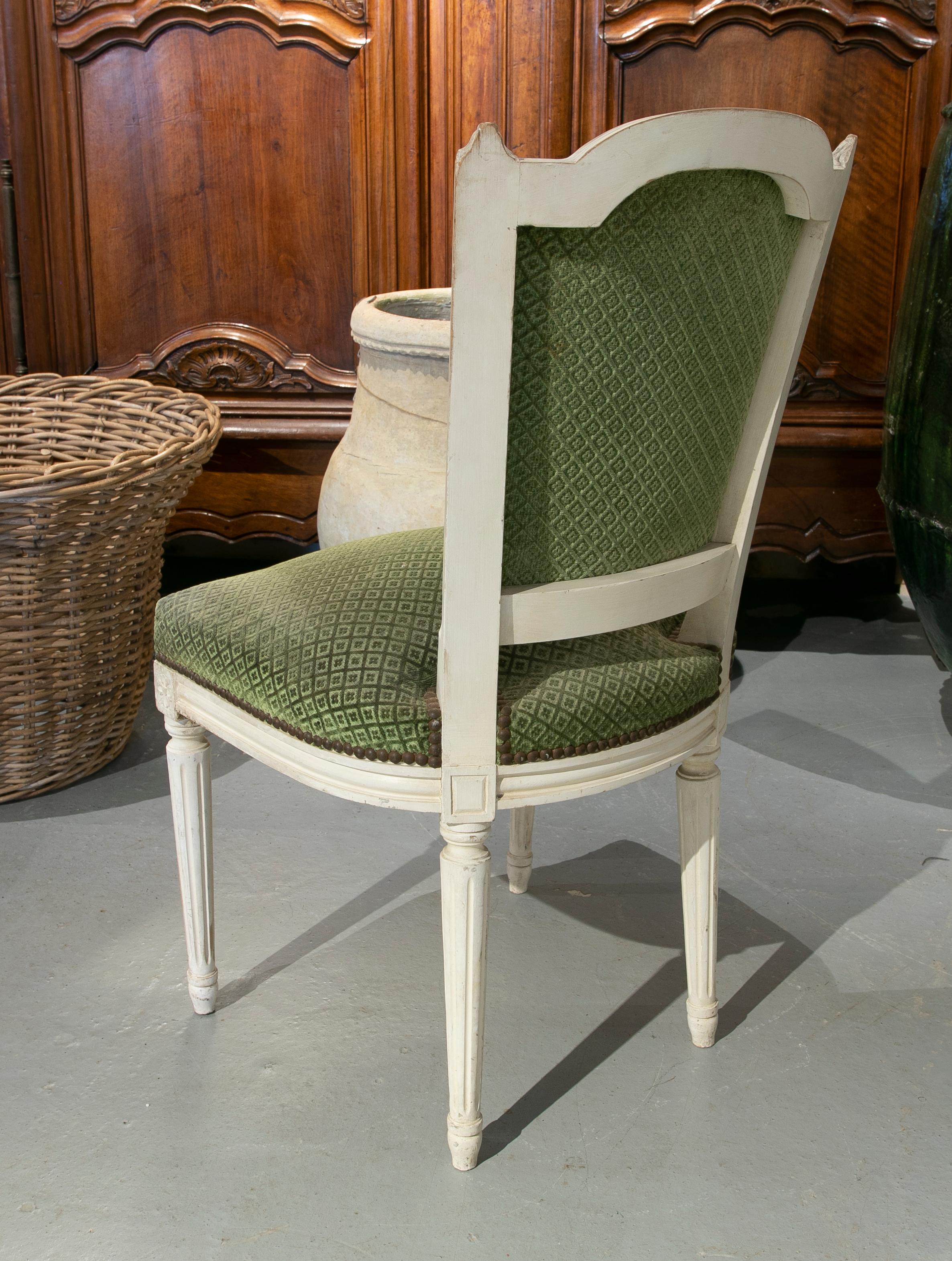 19th Century, French, Set of Six Wooden Chairs Upholstered in Green 1