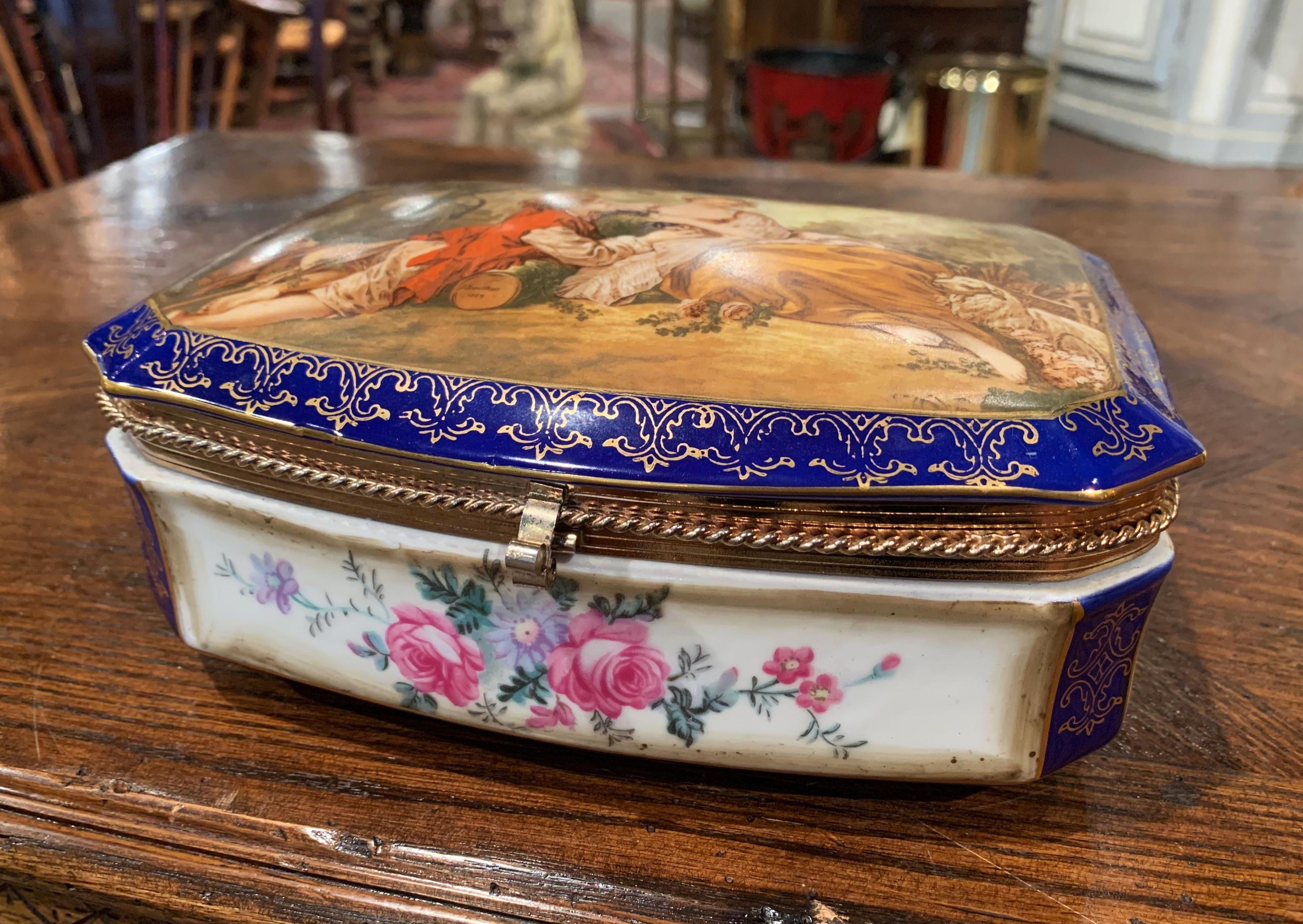 19th Century French Sèvres Cobalt Porcelain and Gilt Brass Casket Jewelry Box In Excellent Condition In Dallas, TX