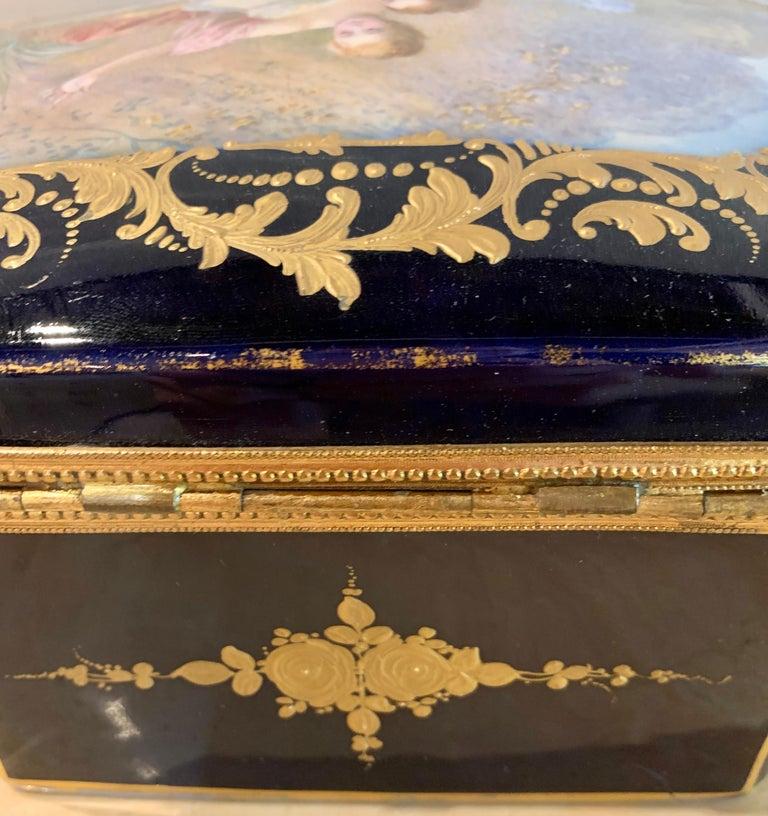 19th Century French Sèvres Cobalt Porcelain and Gilt Bronze Casket Jewelry Box In Good Condition In Stamford, CT
