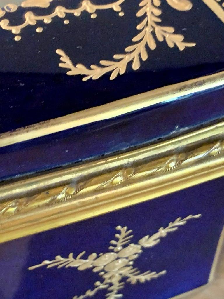 19th Century French Sevres Cobalt Porcelain and Gilt Bronze Casket Jewelry Box In Good Condition In Stamford, CT