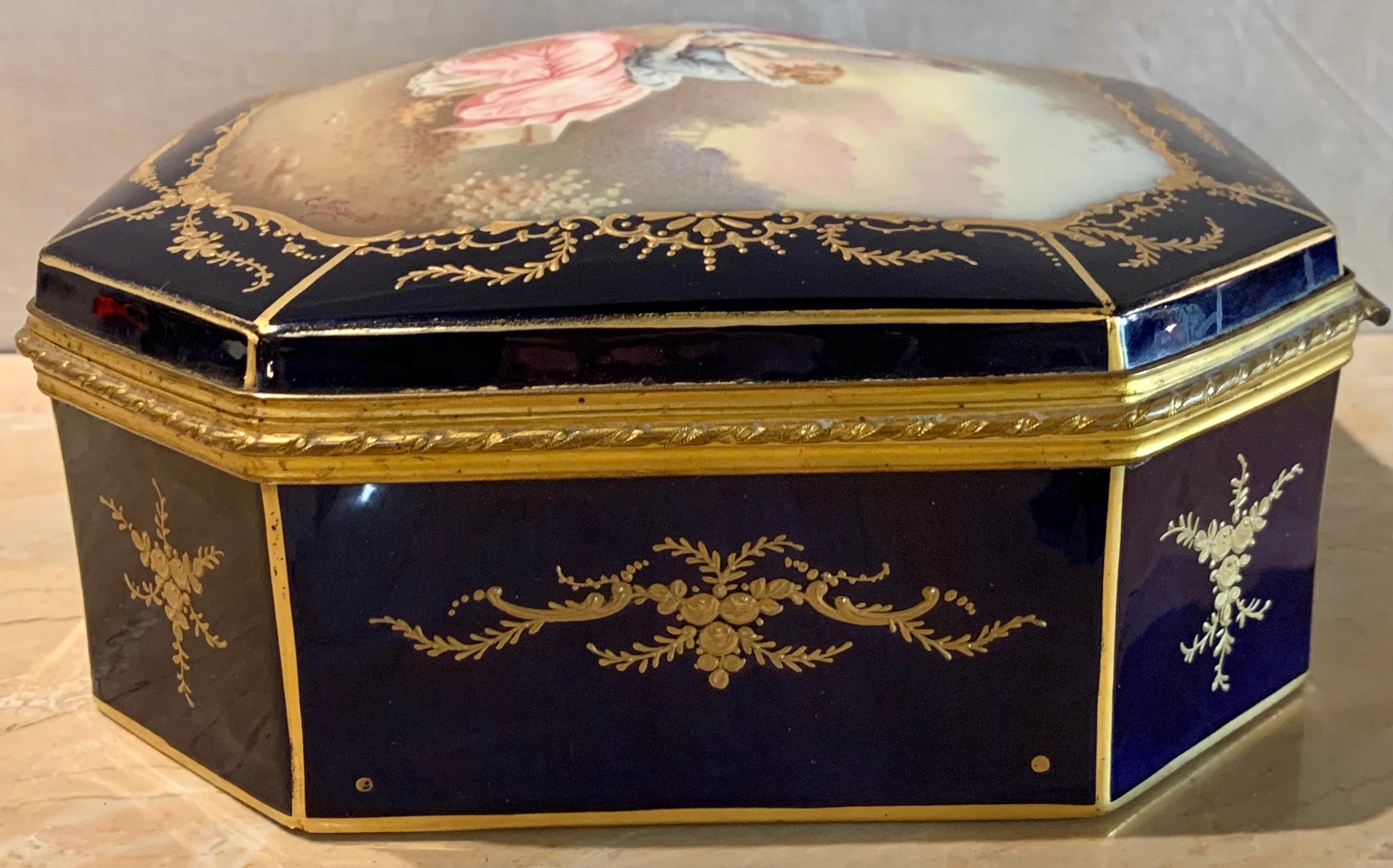 19th Century French Sevres Cobalt Porcelain and Gilt Bronze Casket Jewelry Box 1