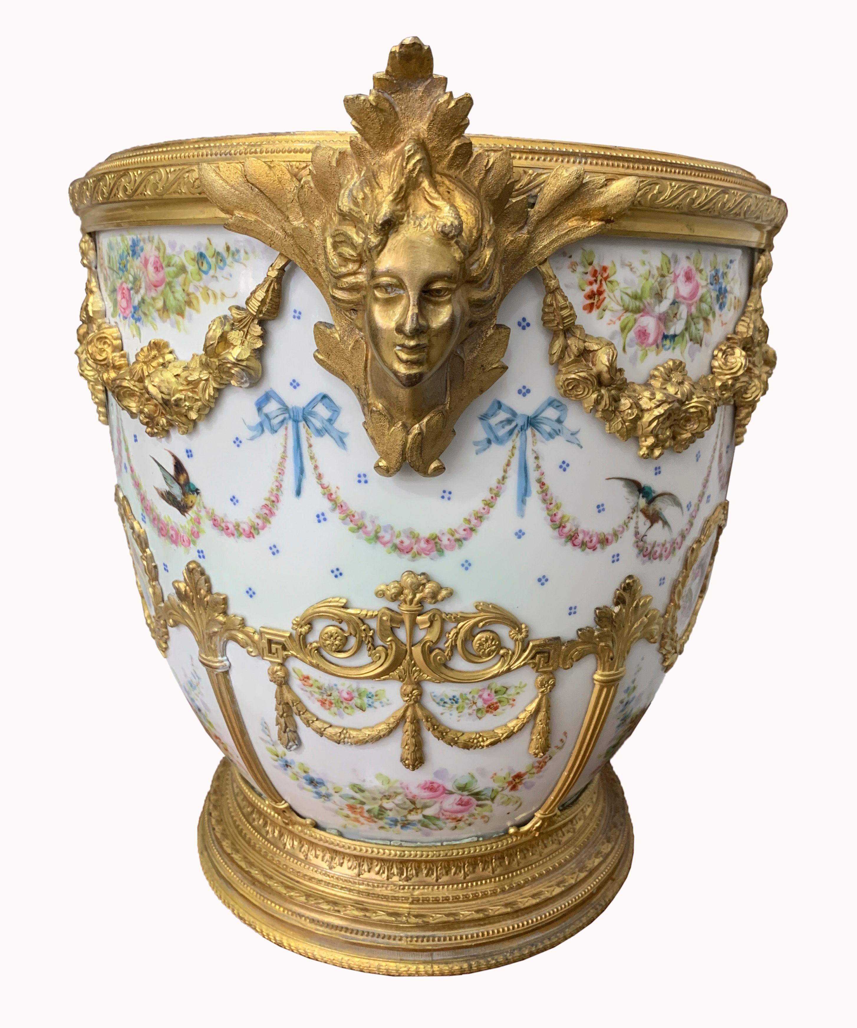 Porcelain 19th Century French Sevres Gilt Bronze Mounted Cache Pot