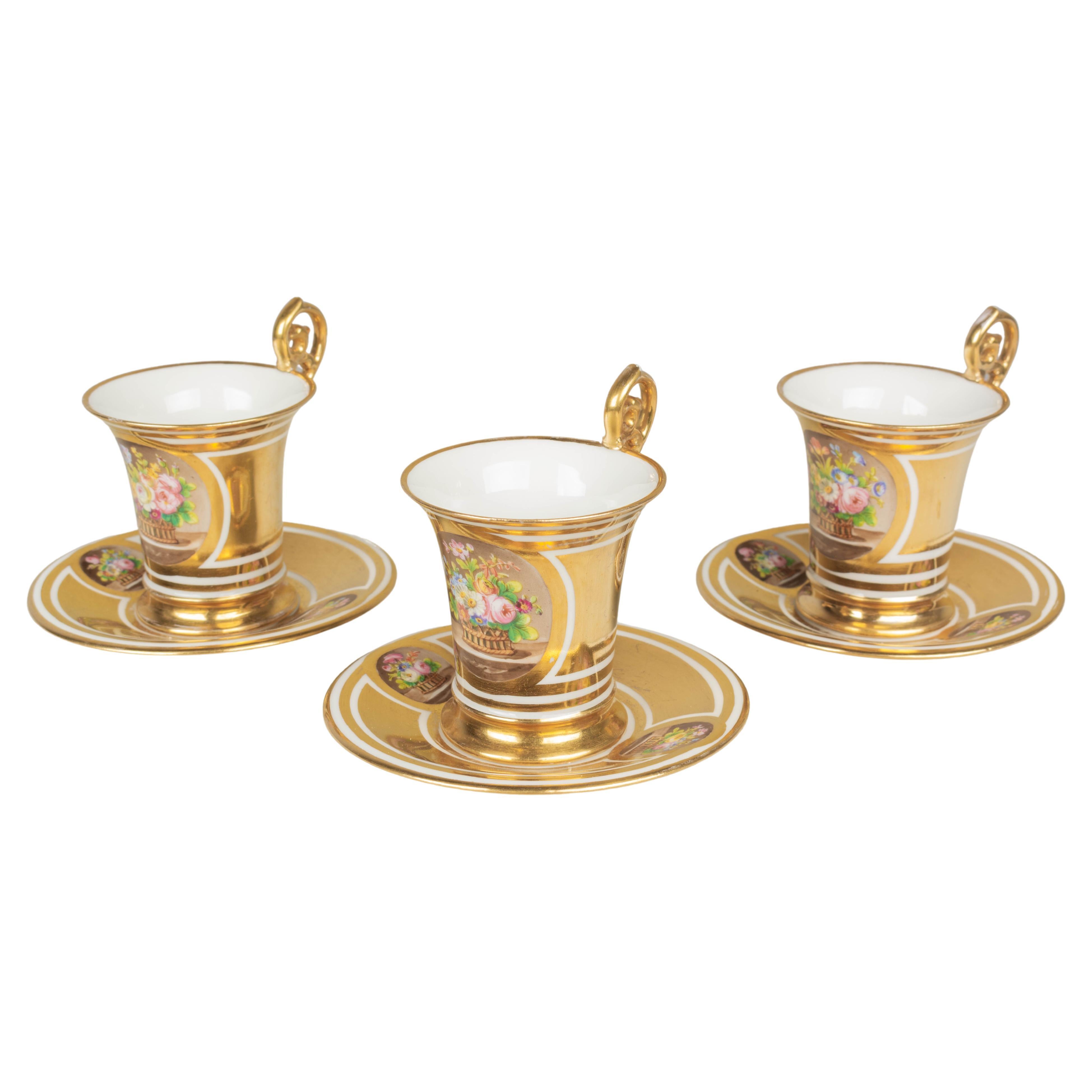 19th Century French Sèvres Gilt Porcelain Cup & Saucer, Set of 3 For Sale