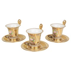 Antique 19th Century French Sèvres Gilt Porcelain Cup & Saucer, Set of 3
