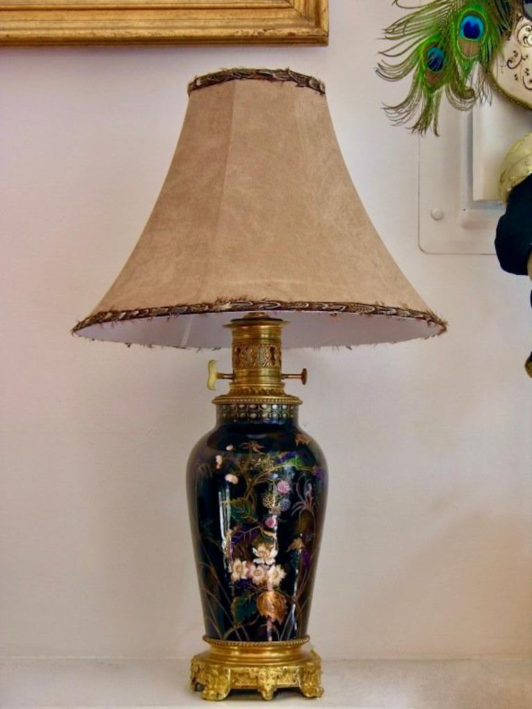19th Century French Sevres Hand-Painted Dark Blue Porcelain Lamp on Ormolu Base 2