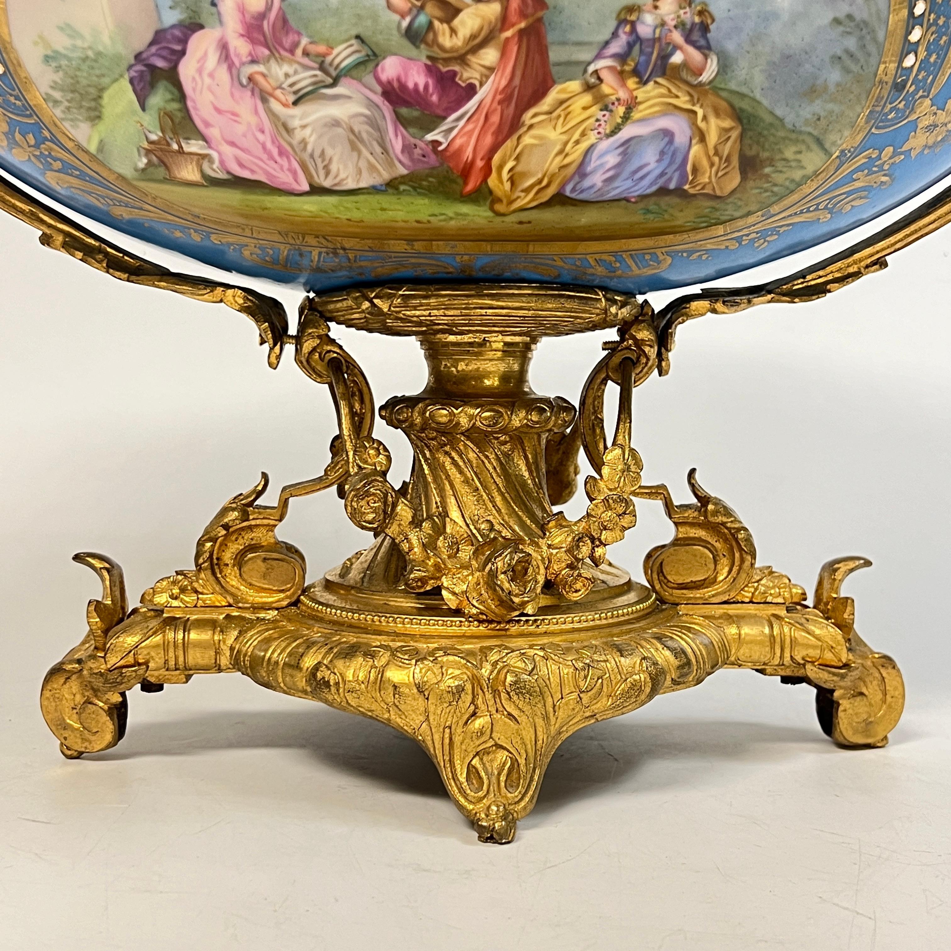 19th Century French Sevres Louis XV Style Porcelain Gilt Bronze Centerpiece Bowl In Good Condition In New York, NY