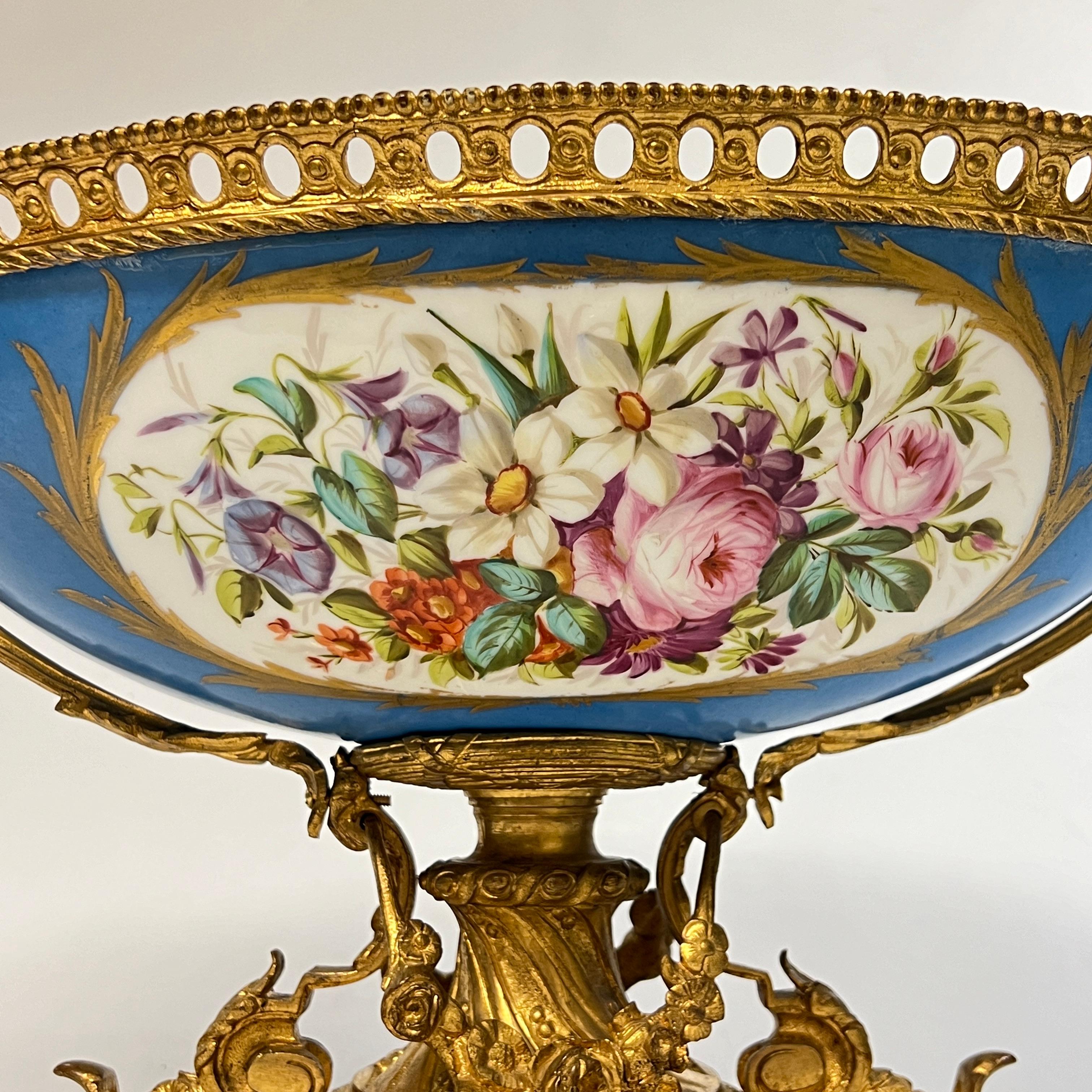 19th Century French Sevres Louis XV Style Porcelain Gilt Bronze Centerpiece Bowl 4