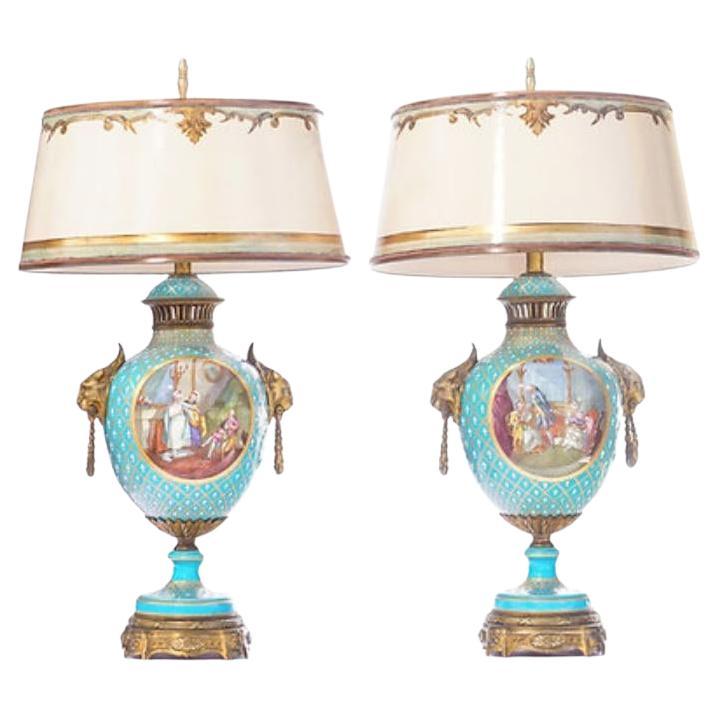Lámpara francesa del siglo XIX de porcelana pintada y bronce de Sévres