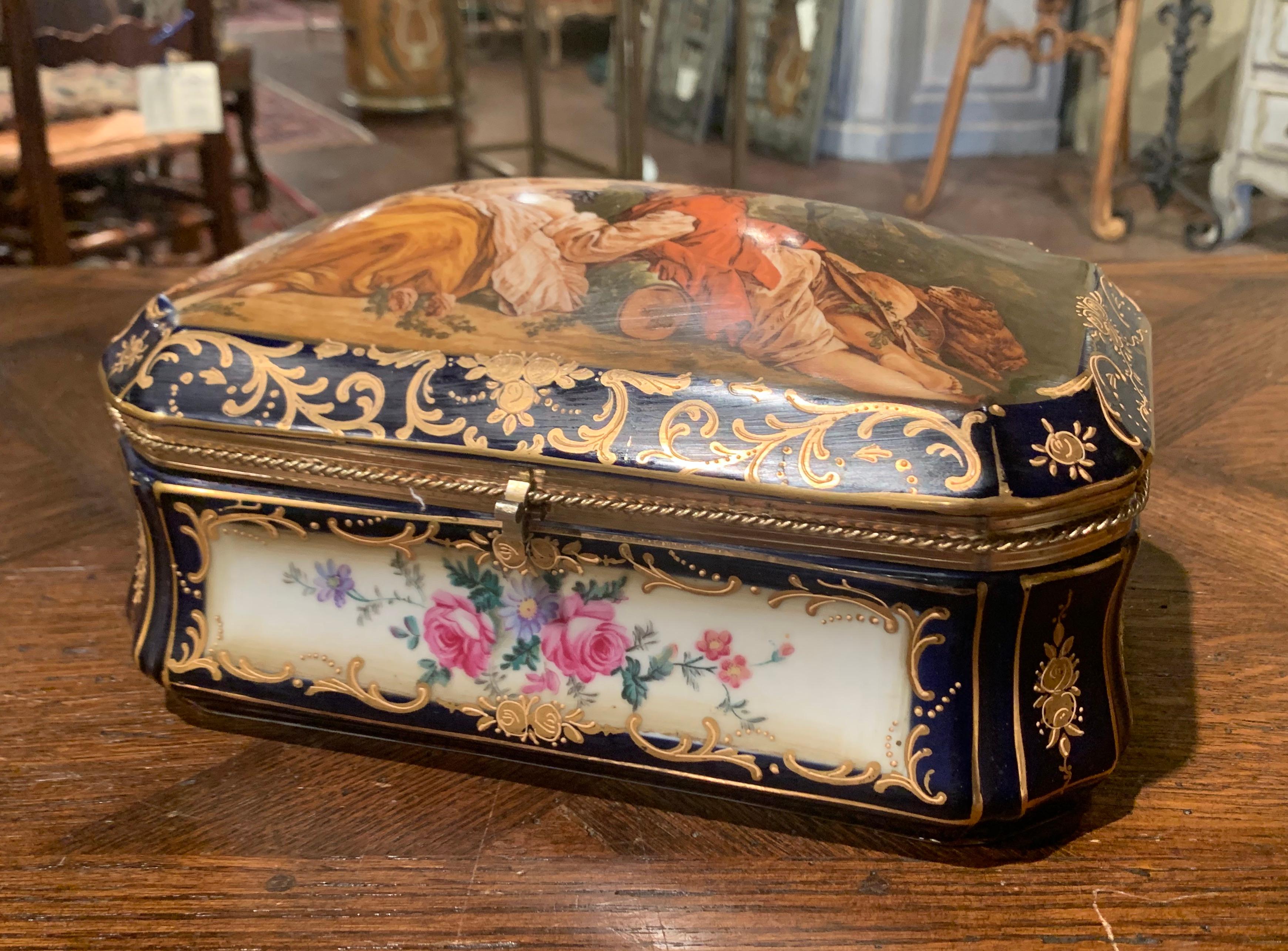 19th Century French Sèvres Painted Porcelain and Gilt Brass Casket Jewelry Box In Excellent Condition In Dallas, TX