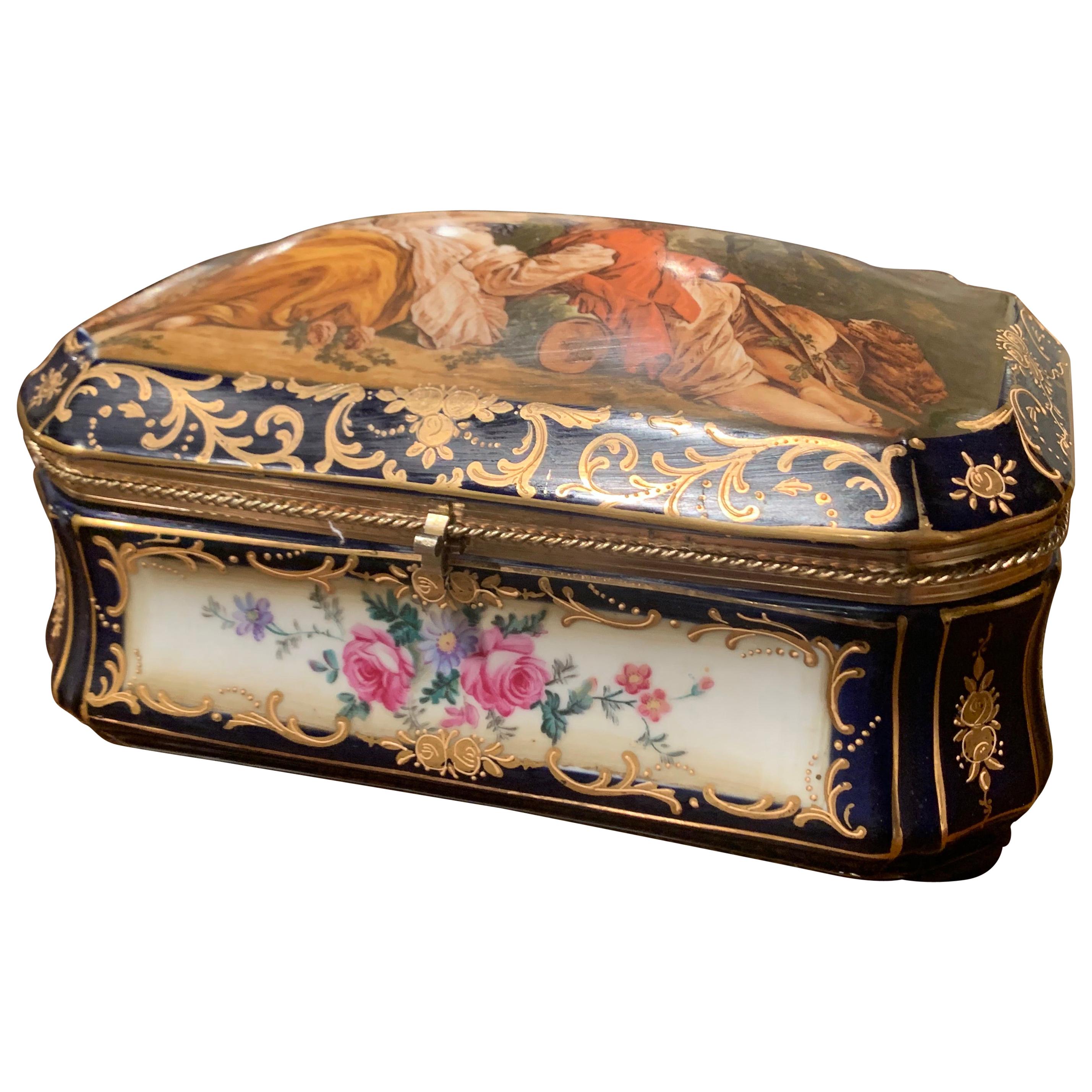 19th Century French Sèvres Painted Porcelain and Gilt Brass Casket Jewelry Box