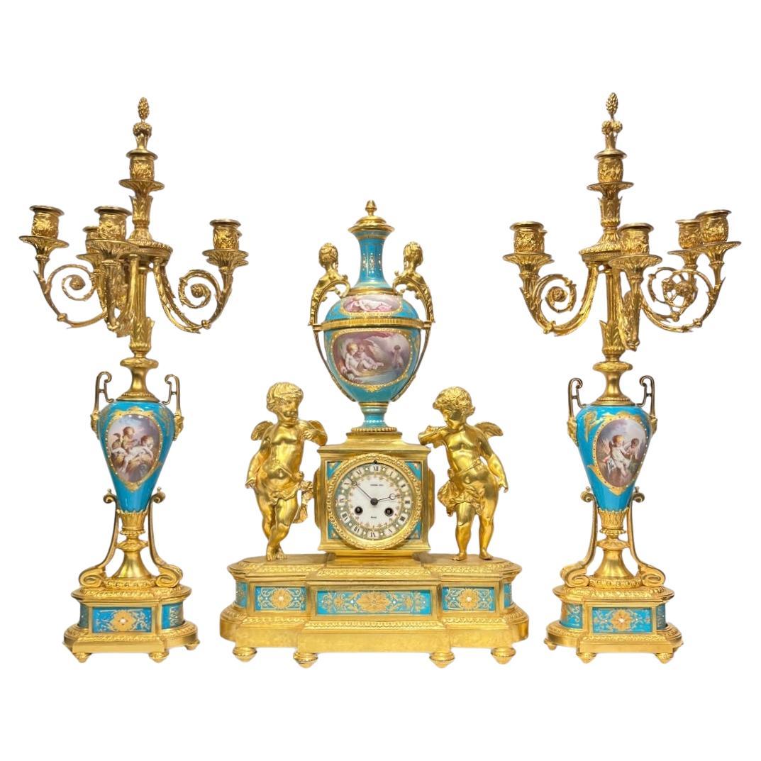 19th Century French Sevres Porcelain Gilt Bronze Mantel Clock and Candelabra Set