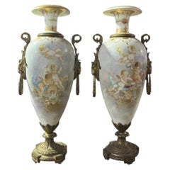 19th Century French Sevres Porcelain Vases With Gilded Bronze Mounts and Handles