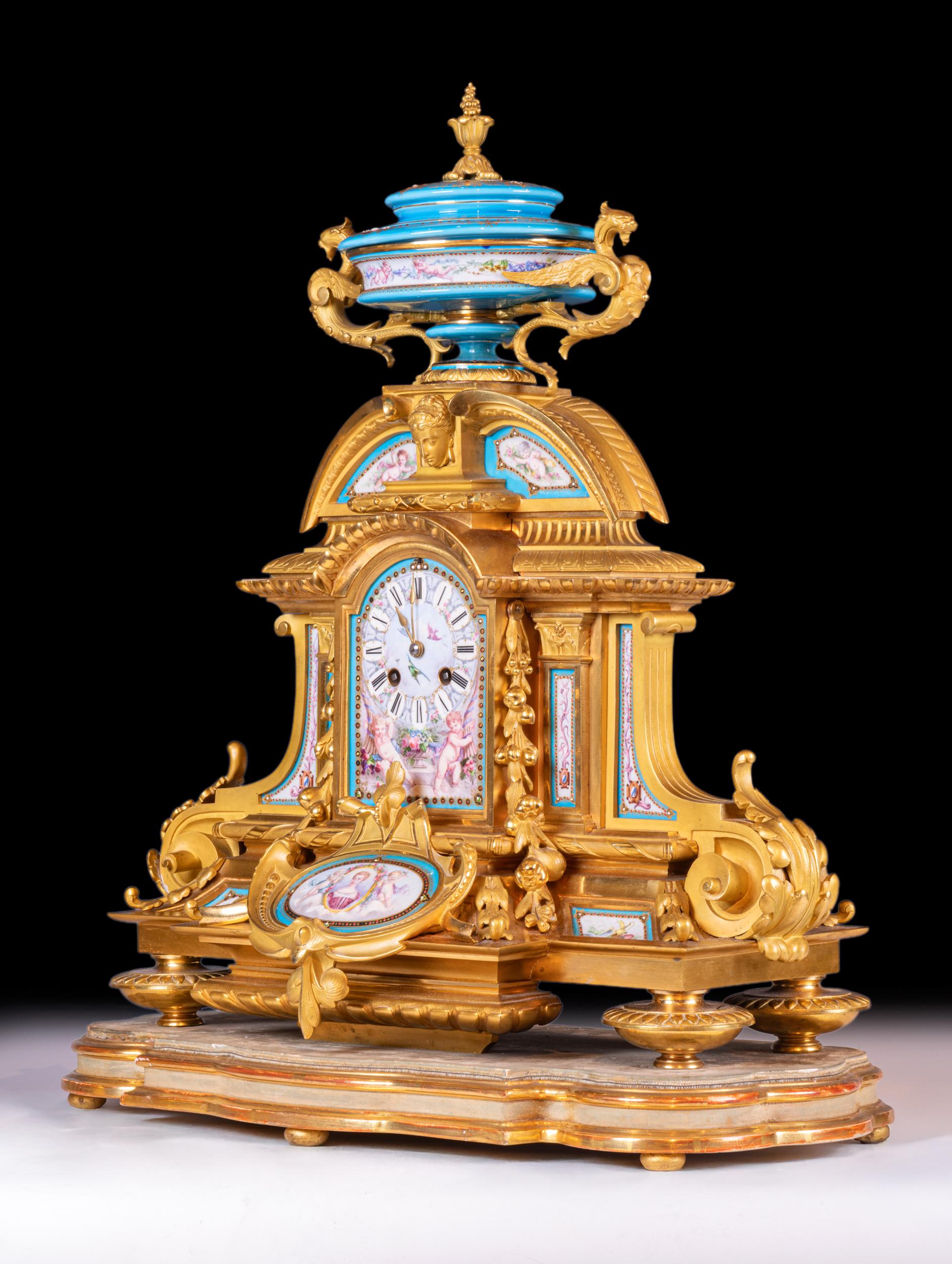 Neoclassical 19th Century French Sevres Style 3 Piece Clock Clock Garniture For Sale