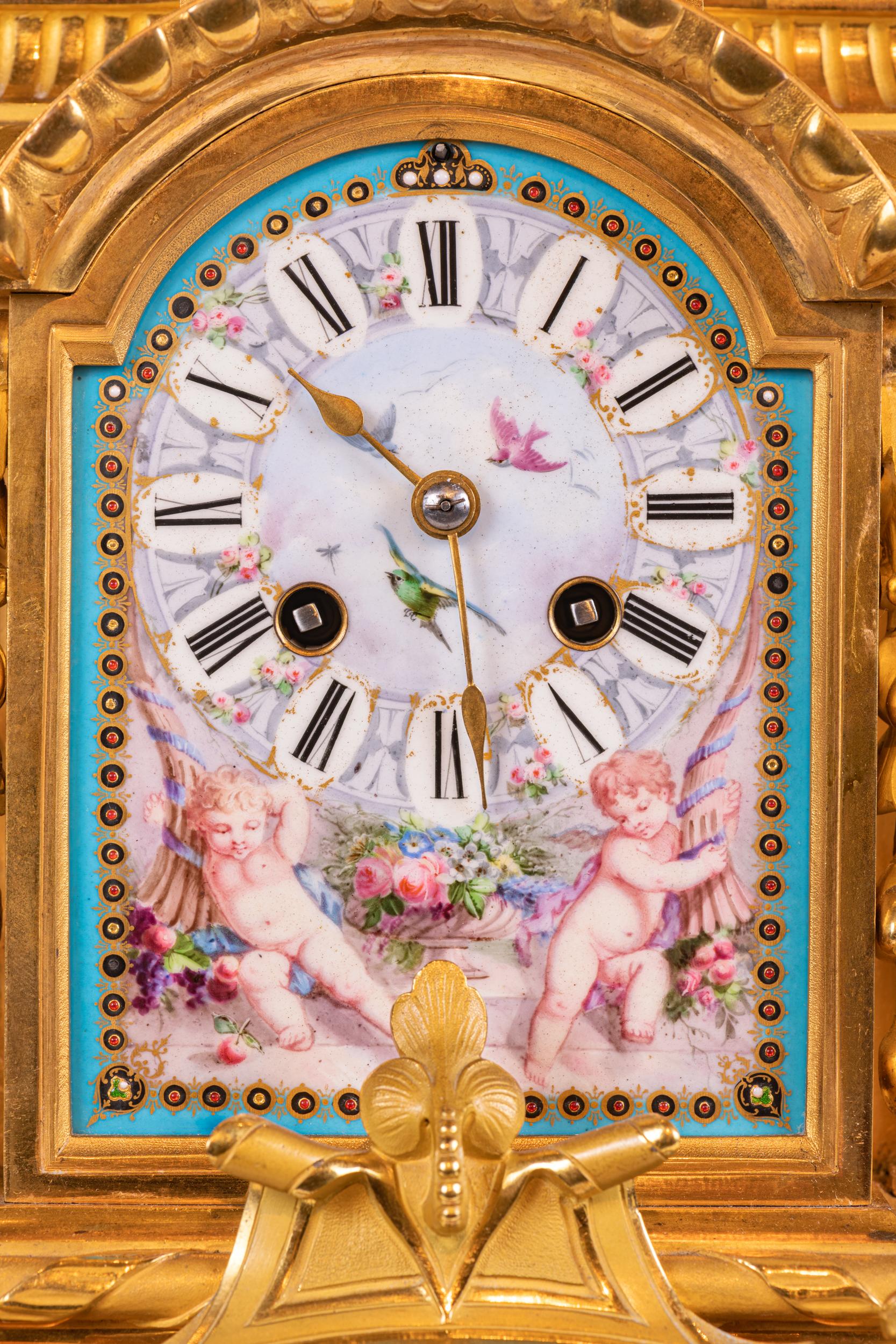 Hand-Painted 19th Century French Sevres Style 3 Piece Clock Clock Garniture For Sale