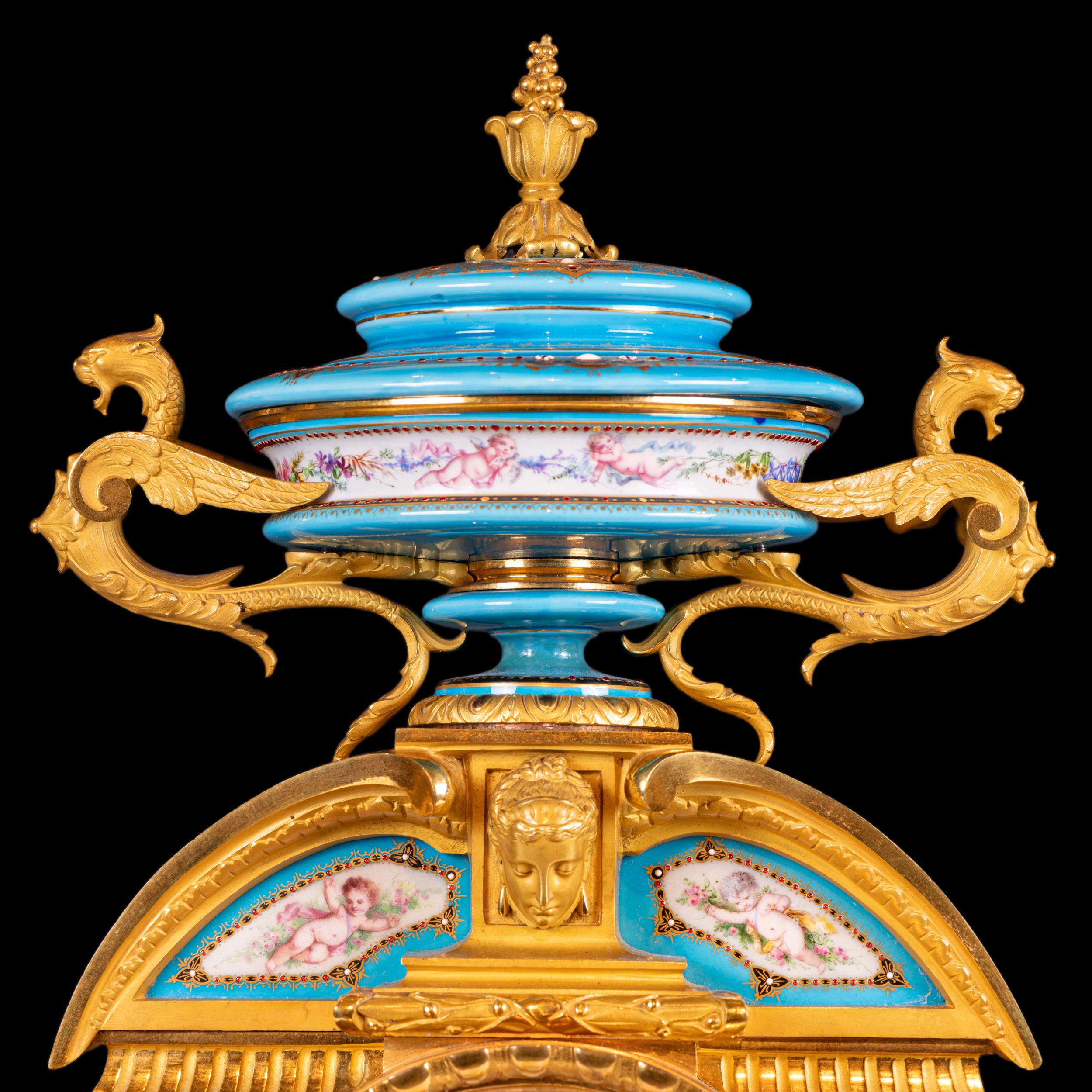 19th Century French Sevres Style 3 Piece Clock Clock Garniture In Good Condition For Sale In Dublin, IE