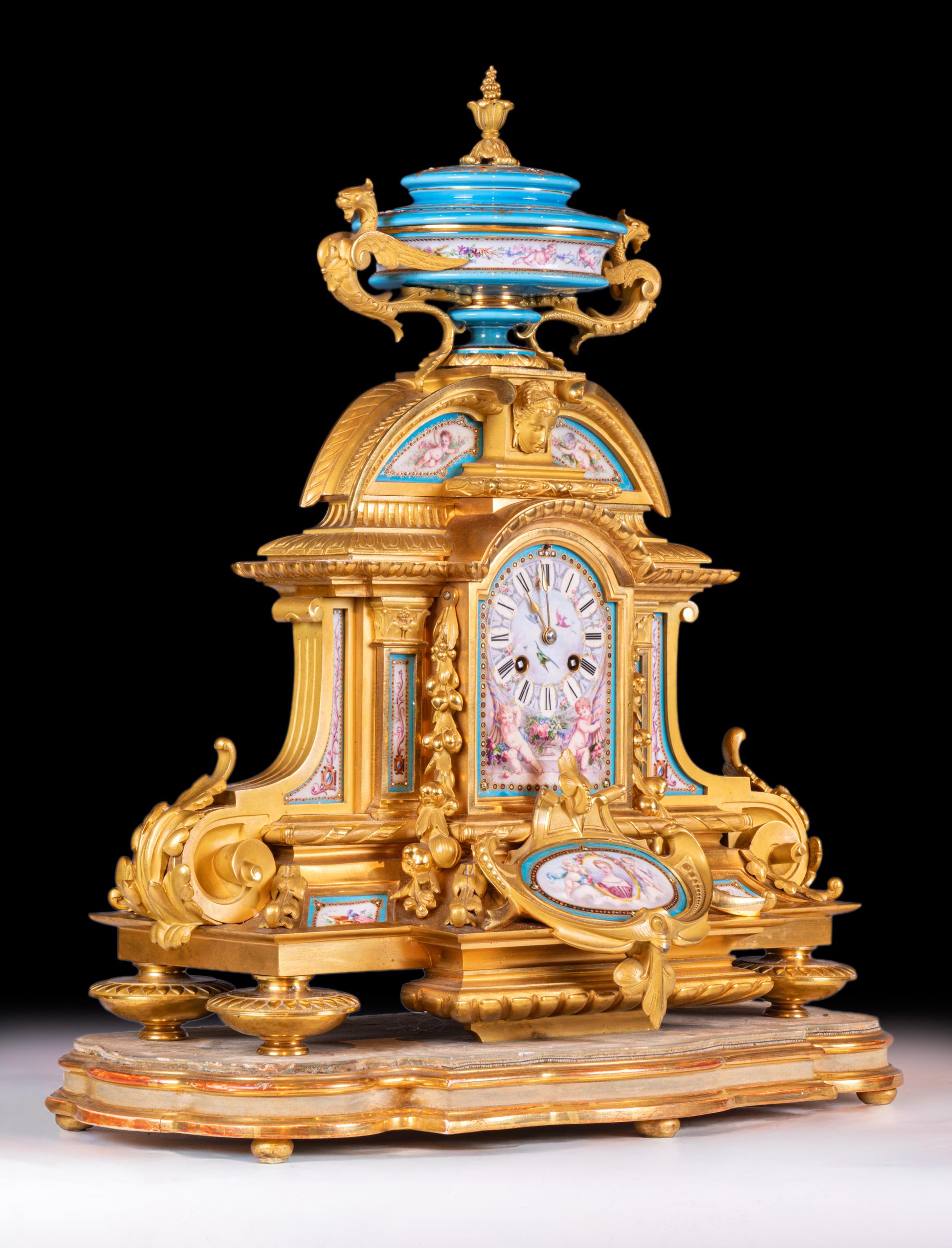 Porcelain 19th Century French Sevres Style 3 Piece Clock Clock Garniture For Sale