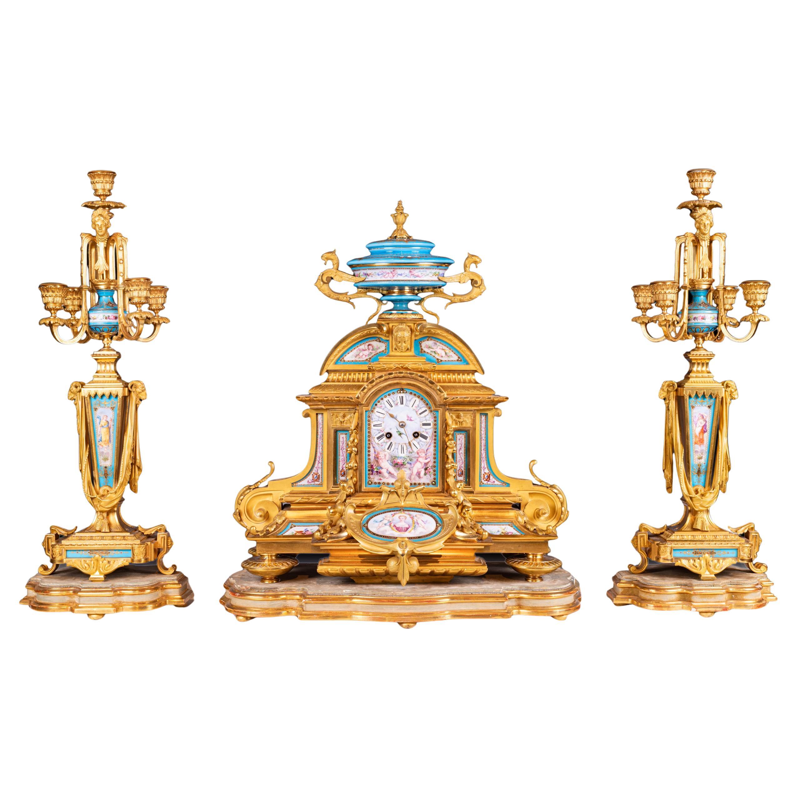 19th Century French Sevres Style 3 Piece Clock Clock Garniture