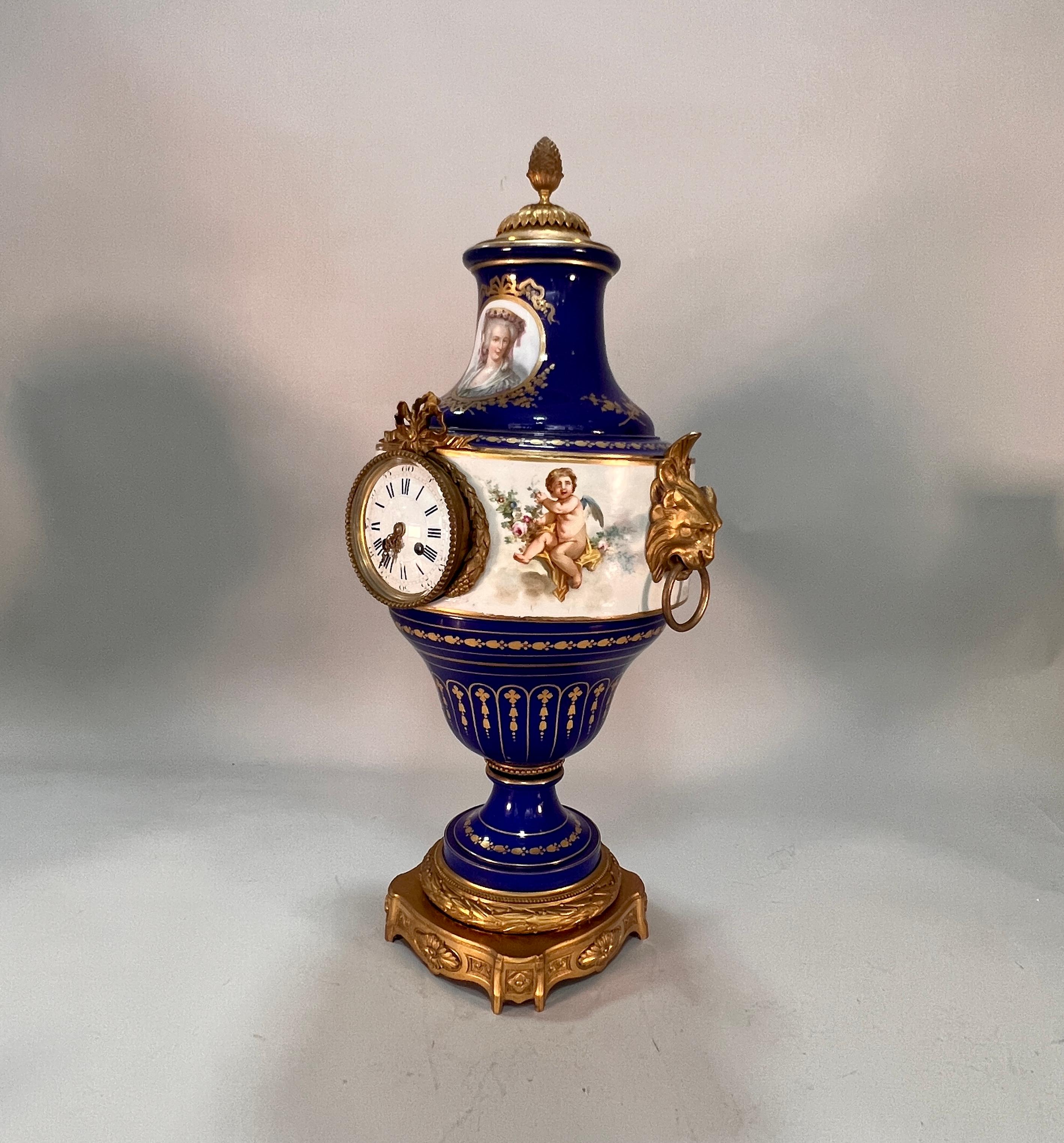 Hand-Painted 19th century French Sevres style baluster shaped porcelain clock For Sale